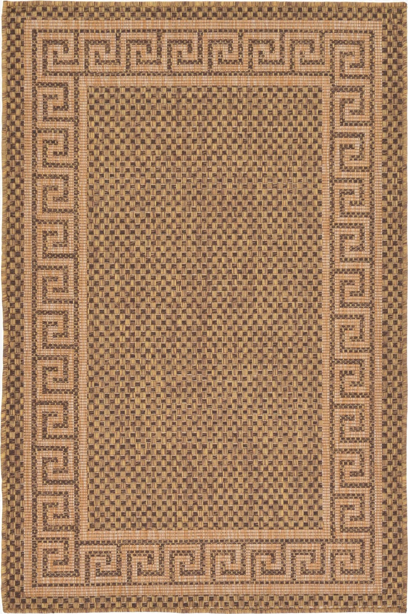 A 3x5 rectangular brown and tan indoor/outdoor rug with a Greek key border pattern, featuring a flatweave texture.