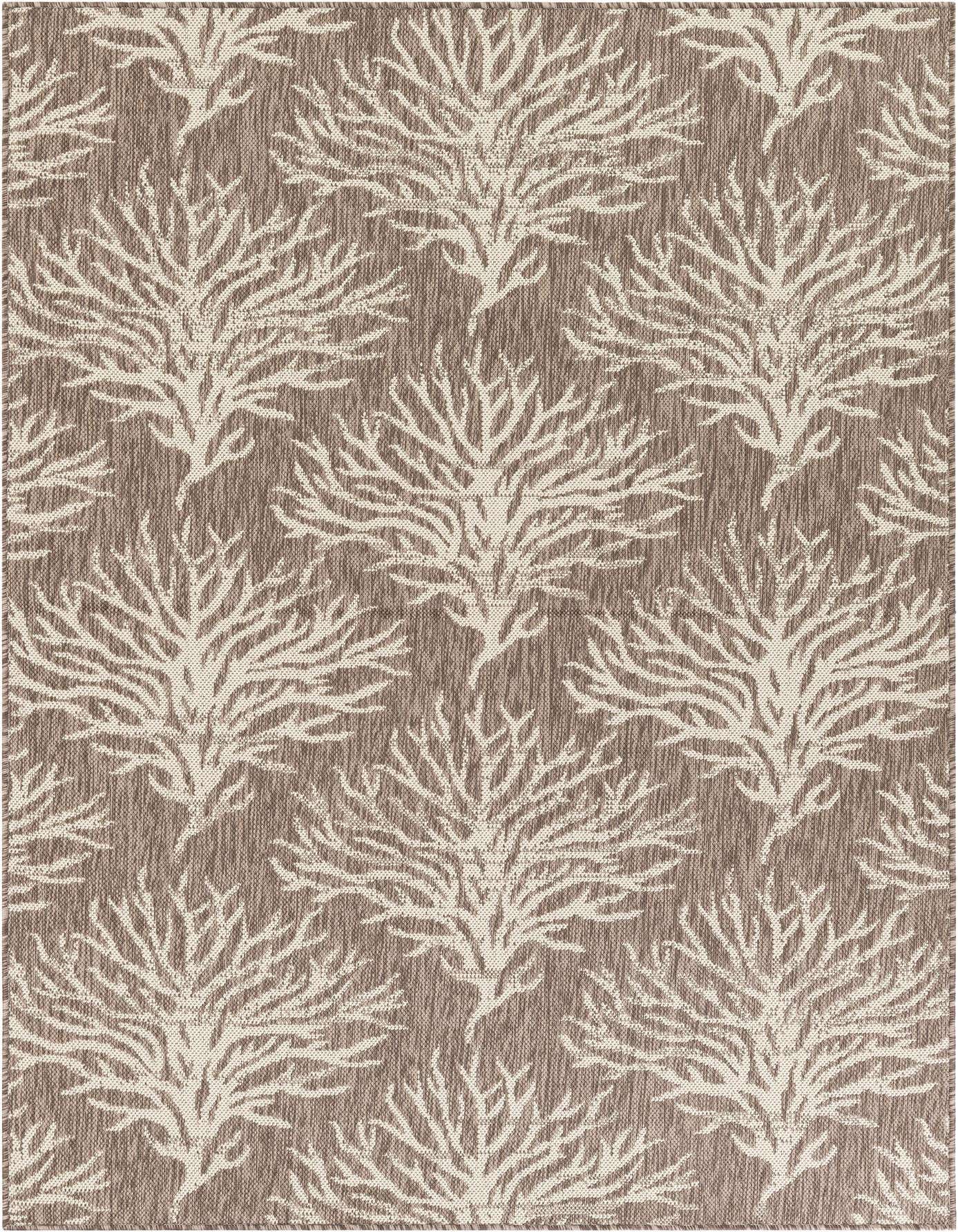 A 5x8 rectangular brown and tan indoor/outdoor rug featuring a modern botanical coral pattern, ideal for a patio or living room.