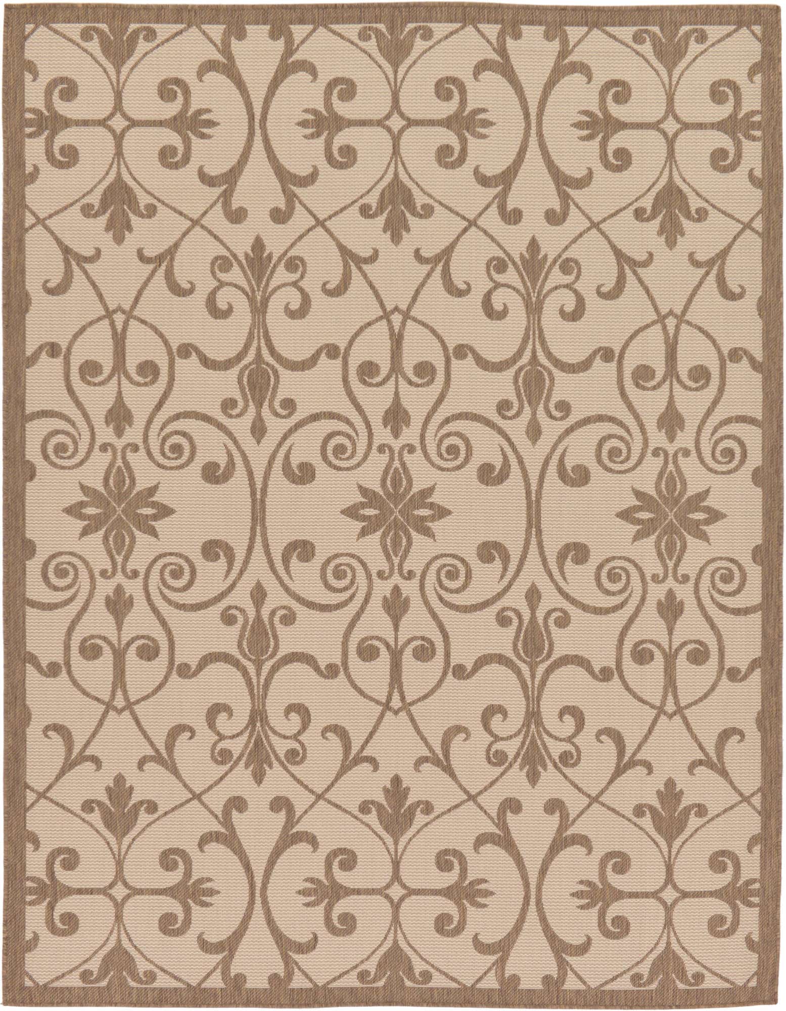 A 7x10 rectangular indoor/outdoor rug featuring a traditional botanical pattern in shades of brown and tan.