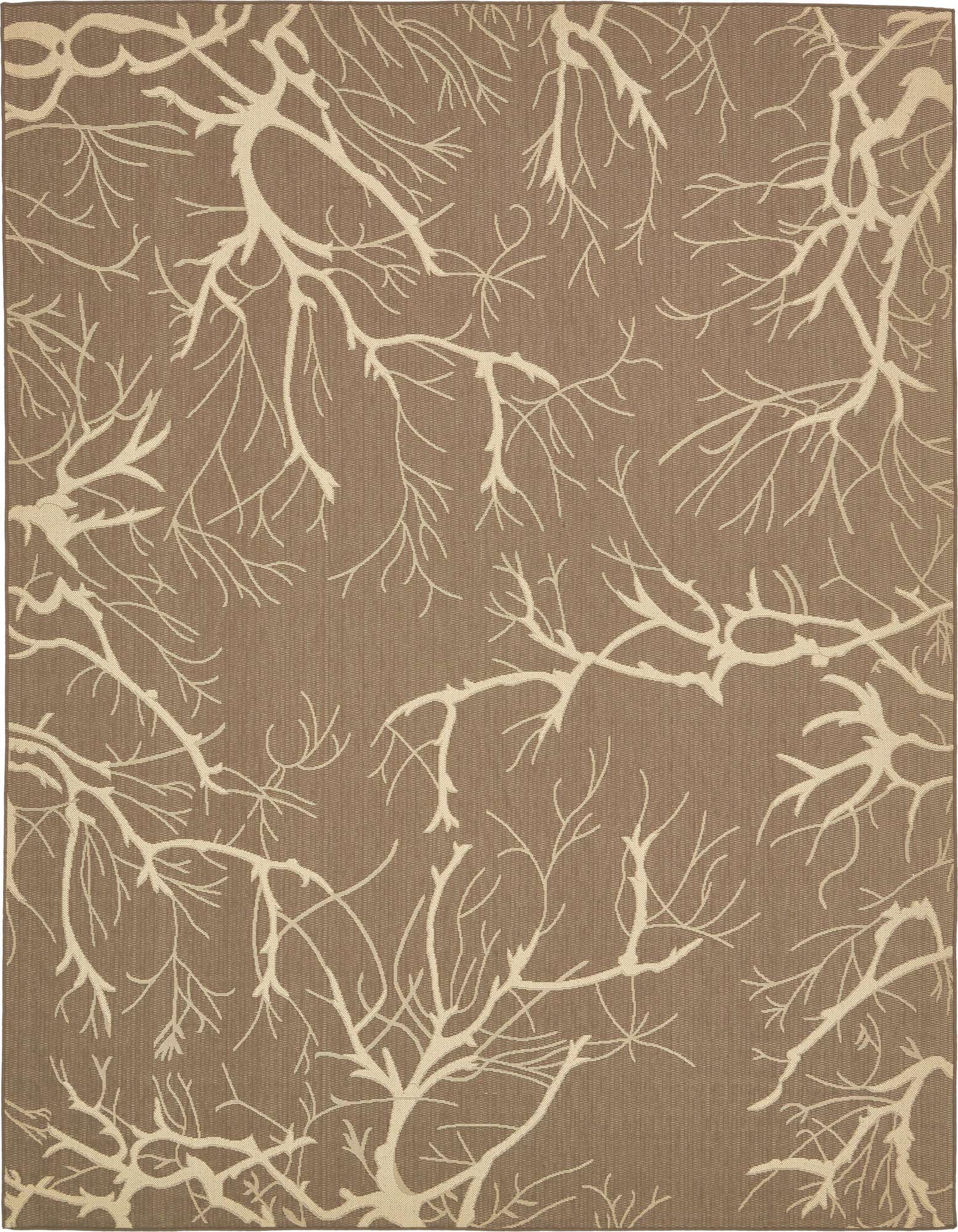 A 9x12 rectangular brown and tan rug featuring a modern botanical pattern of branching coral or tree limbs, suitable for indoor or outdoor use.