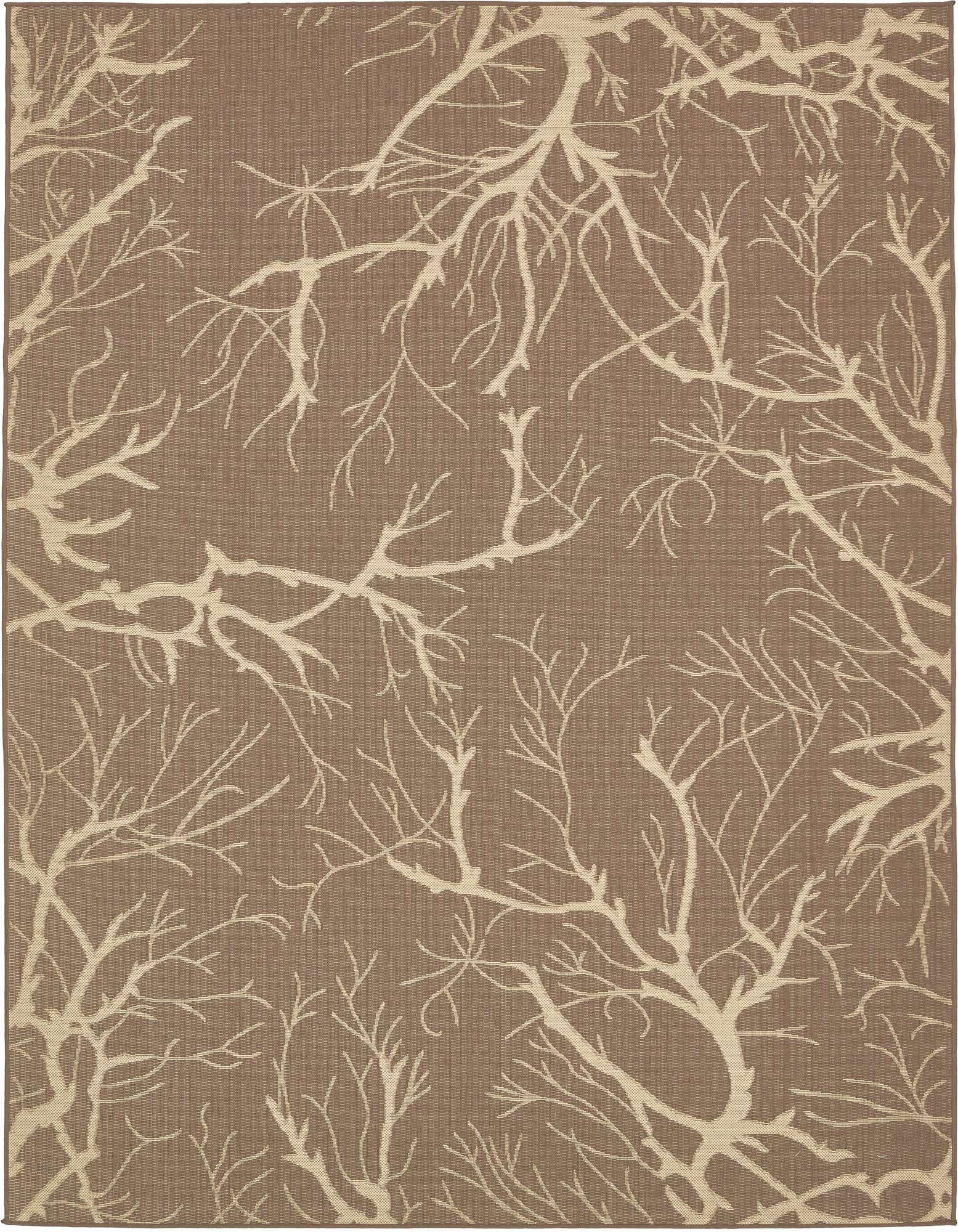 7x10 rectangular brown and tan rug with a modern botanical branch pattern, suitable for indoor/outdoor use.