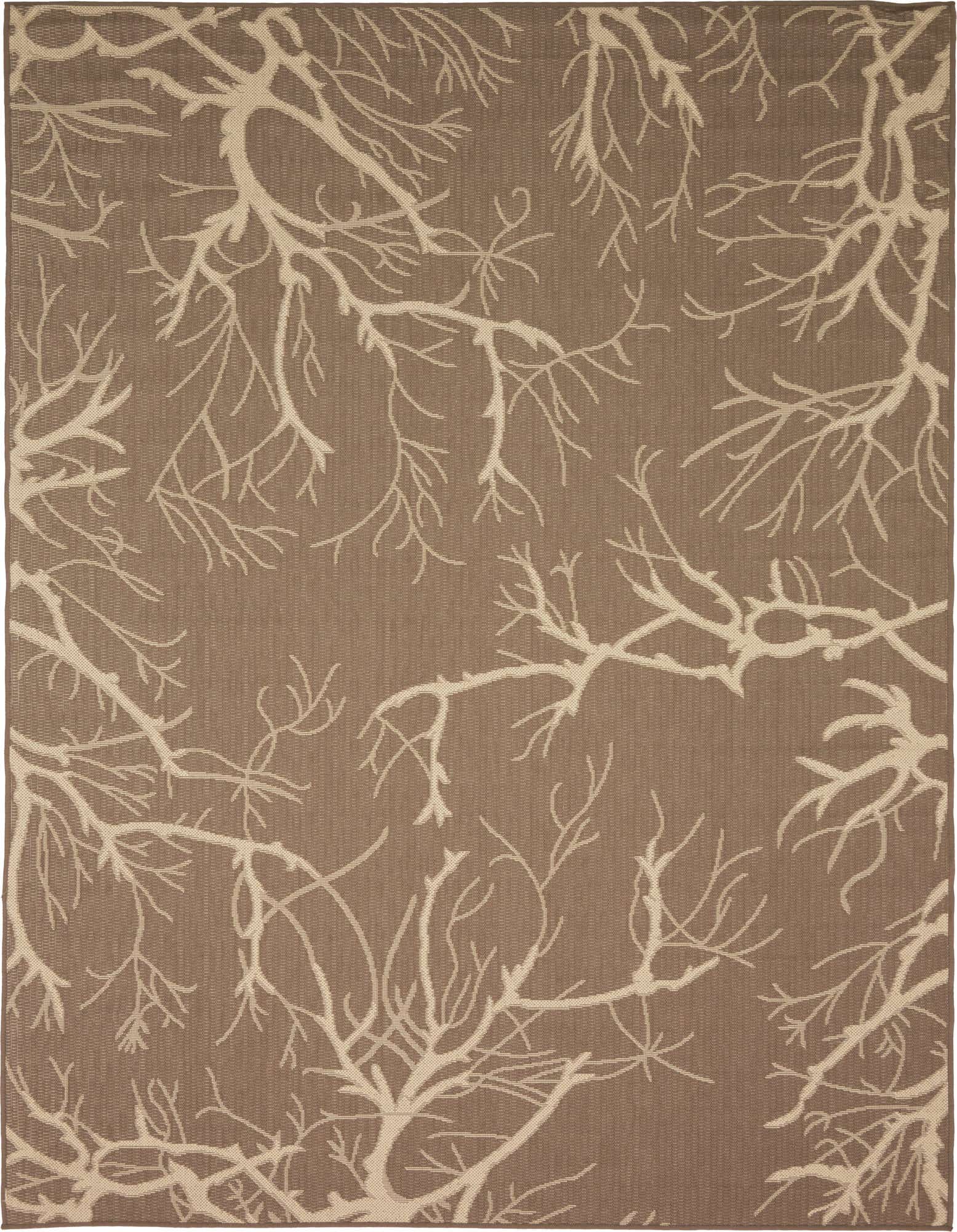 A 6x9 rectangular brown indoor/outdoor rug with an intricate tan botanical branch pattern, ideal for a patio or living room.