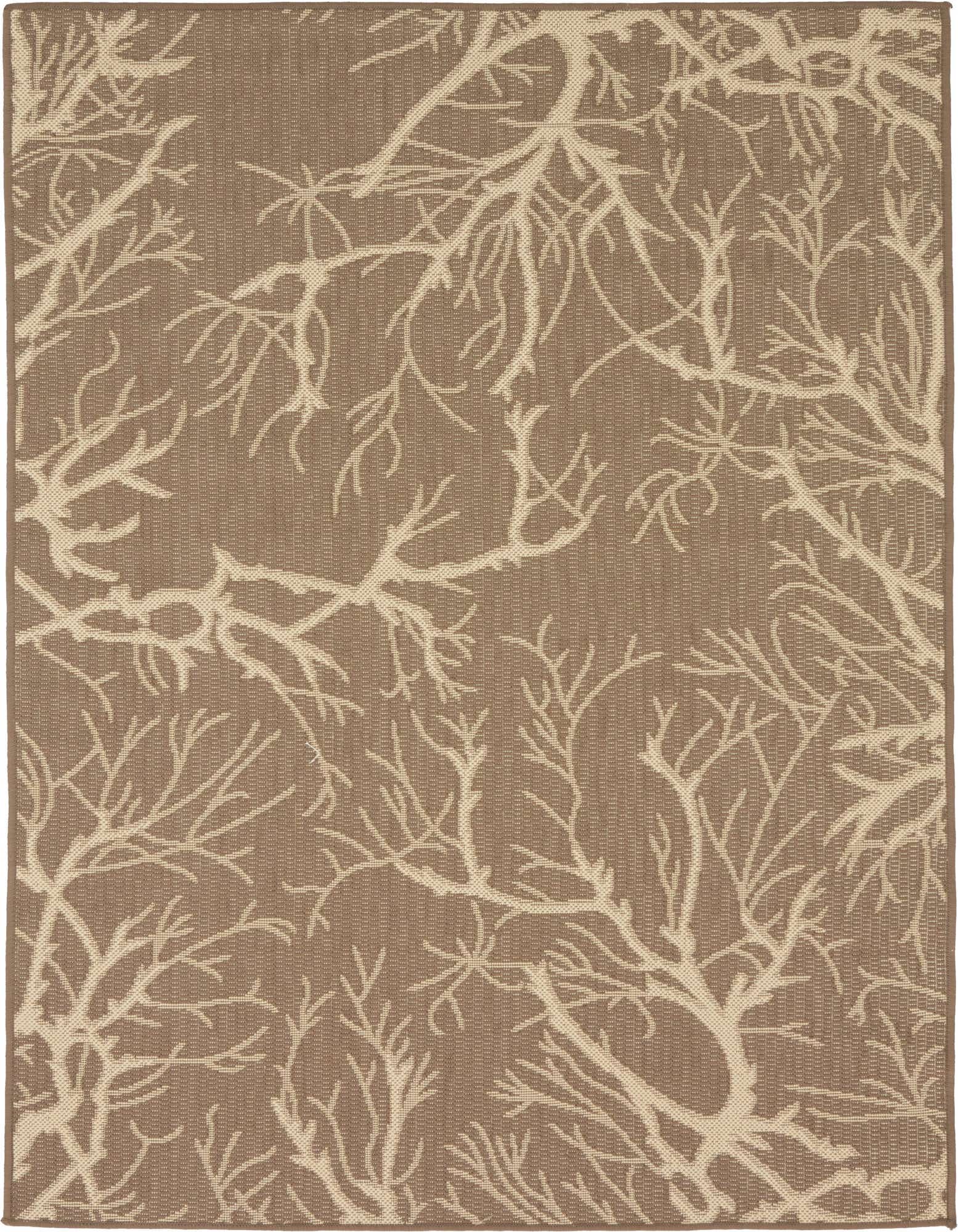 A 4x6 rectangular brown and tan rug featuring a modern botanical pattern of intertwining branches, suitable for indoor or outdoor use.