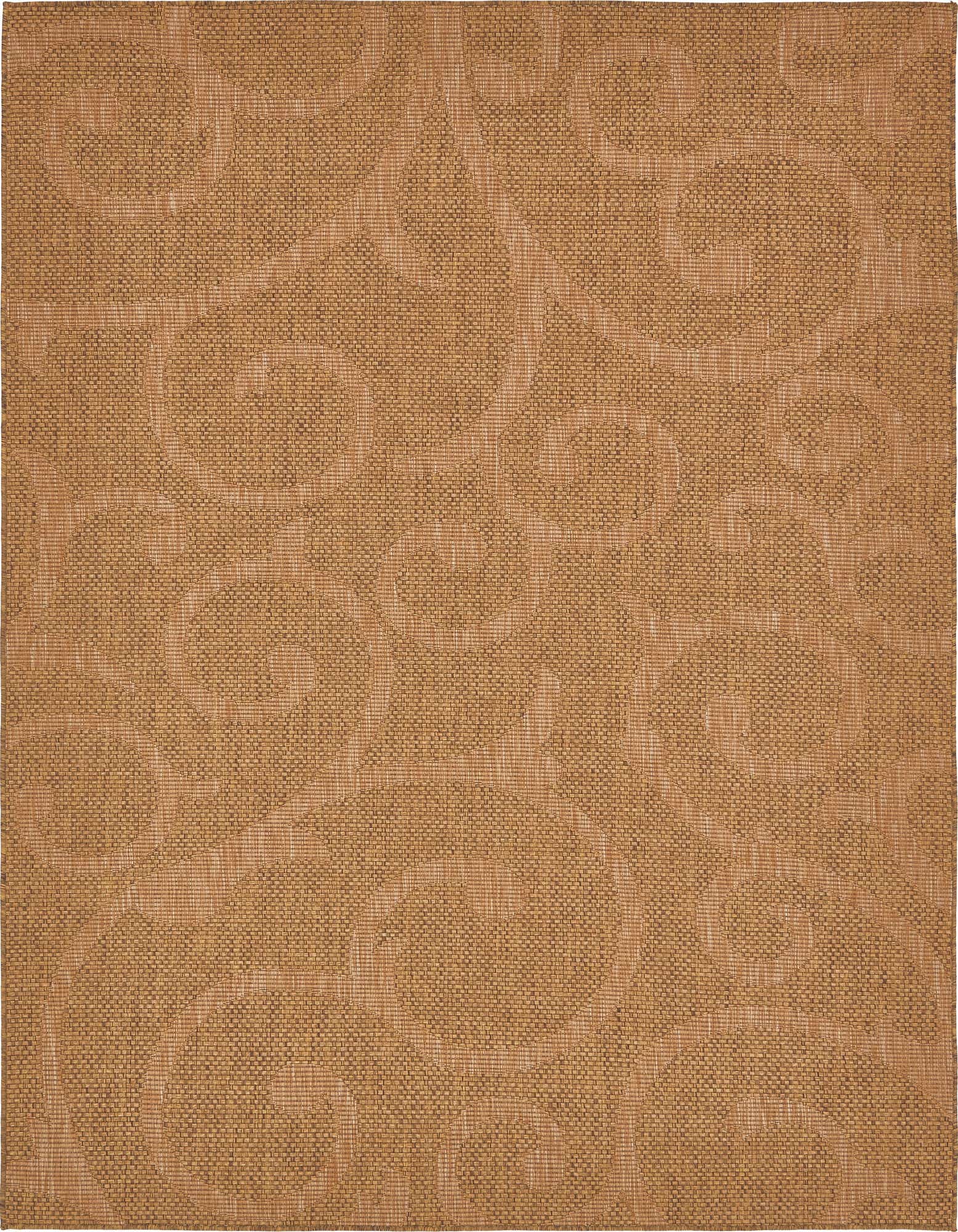 A 7x10 rectangular indoor/outdoor rug in shades of brown and tan, featuring a subtle botanical or floral pattern on its flatweave texture.