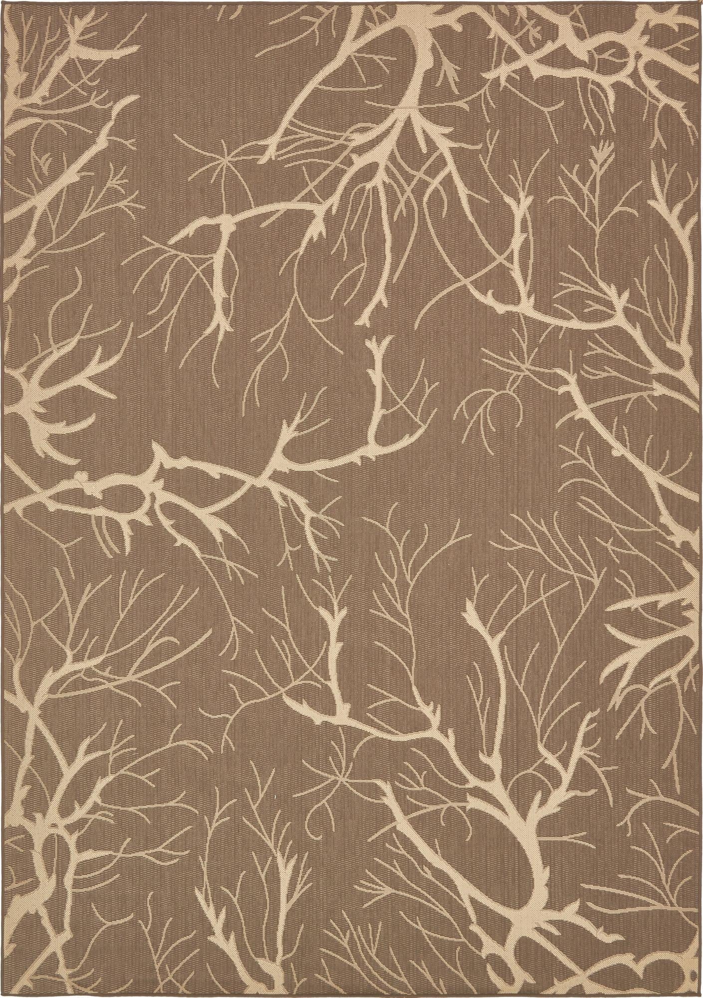 An 8x11 rectangular brown rug with an intricate tan botanical tree branch pattern, suitable for indoor or outdoor use.