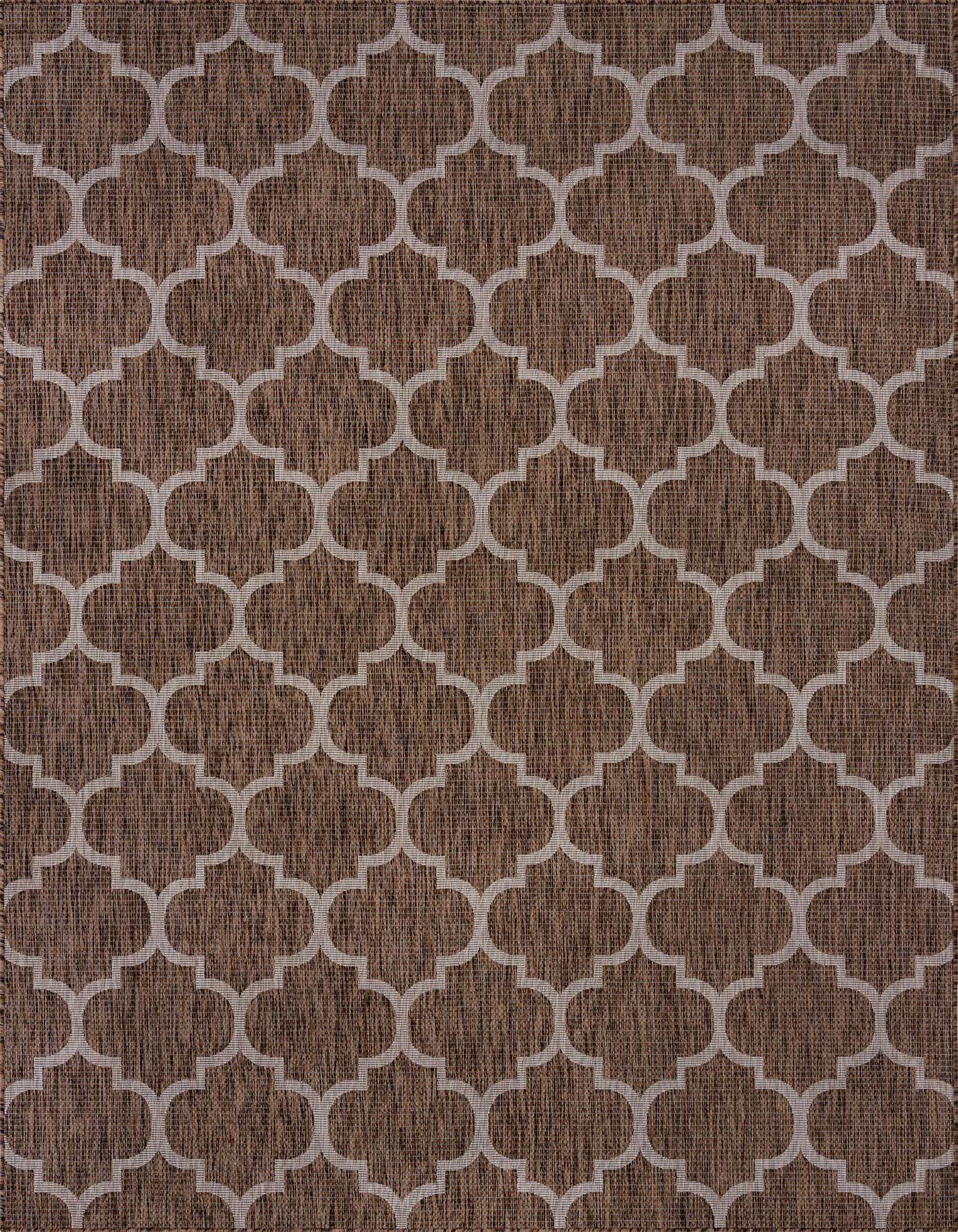 A brown 8x11 rectangular indoor/outdoor rug with a light tan modern trellis pattern, suitable for a patio or living room.