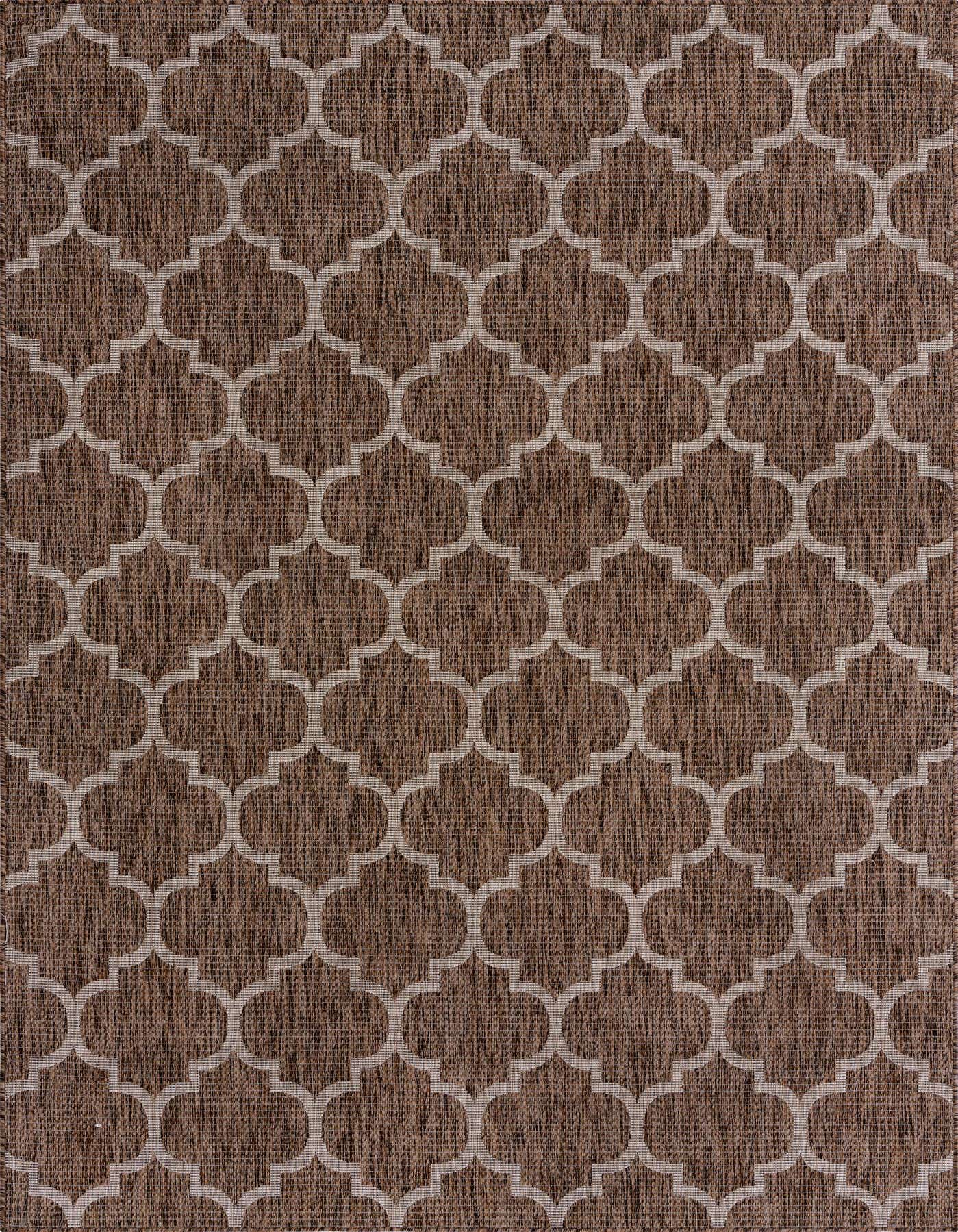 A 7x10 rectangular brown and tan indoor/outdoor rug with a modern trellis pattern, suitable for a patio or living room.