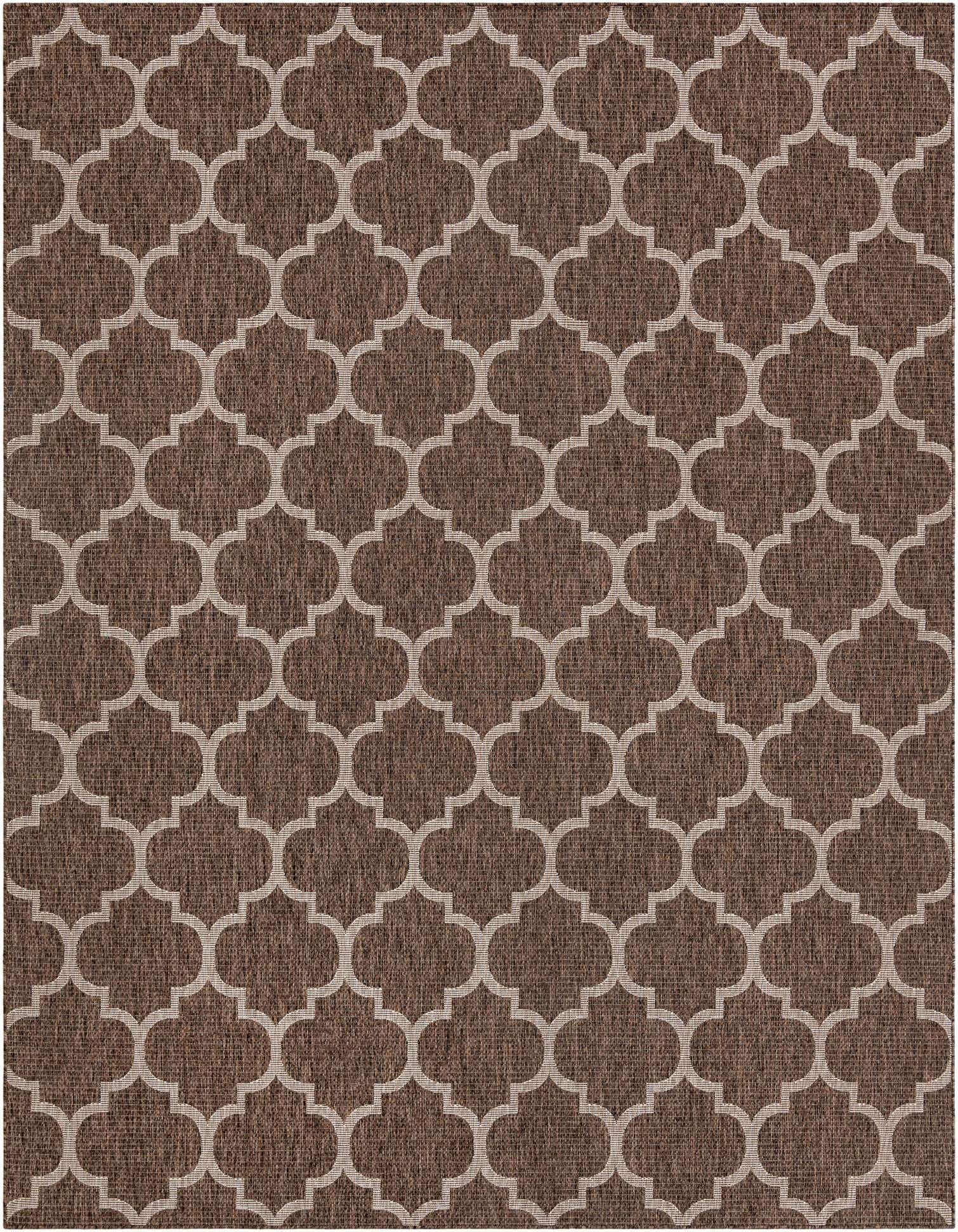 A 9x12 rectangular brown and tan indoor/outdoor rug with a modern trellis pattern, suitable for a patio or living room.