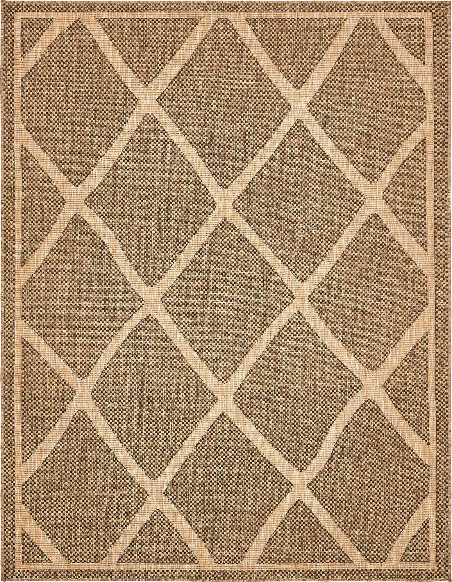 A 6x9 rectangular brown and tan flatweave rug with a modern trellis pattern, suitable for indoor or outdoor use.