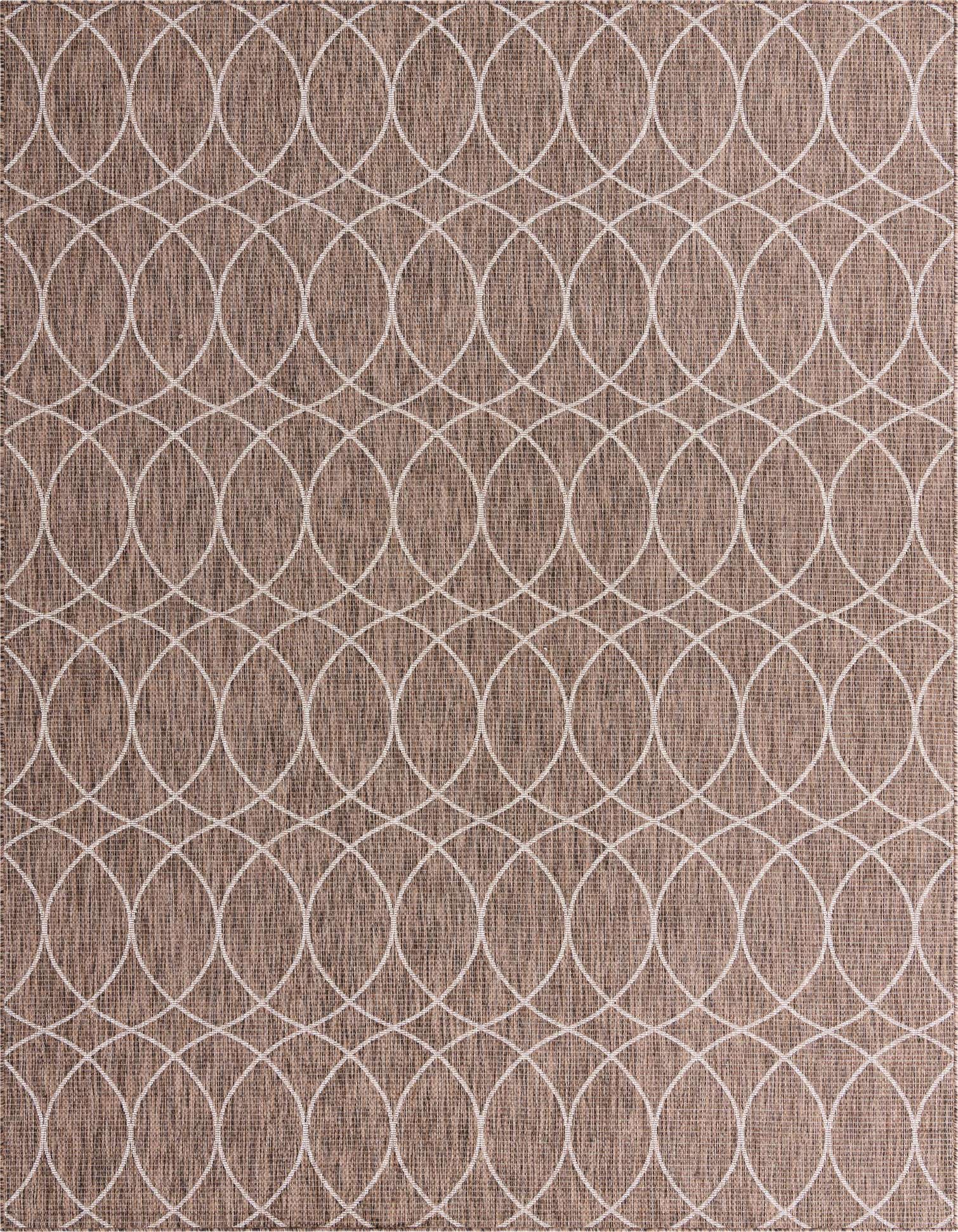 A 9x12 rectangular brown and tan indoor/outdoor rug with a modern white trellis pattern, suitable for a patio or living room.