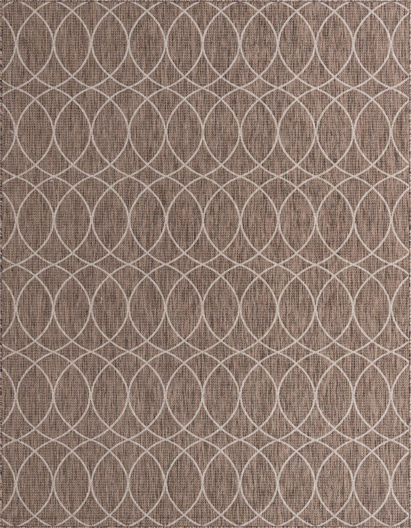 A brown 8x11 rectangular indoor/outdoor rug with a modern white trellis pattern, suitable for a patio or living room.