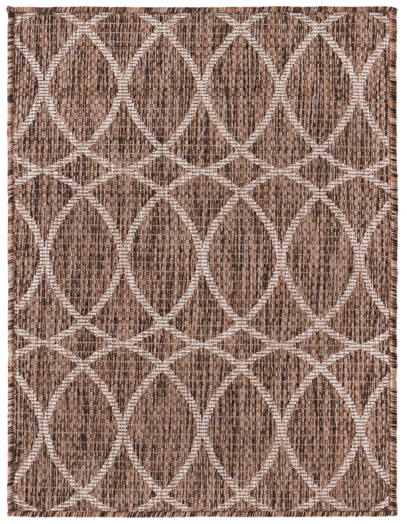 A 2x3 rectangular brown and tan indoor/outdoor rug with a modern trellis pattern, suitable for a patio or entryway.