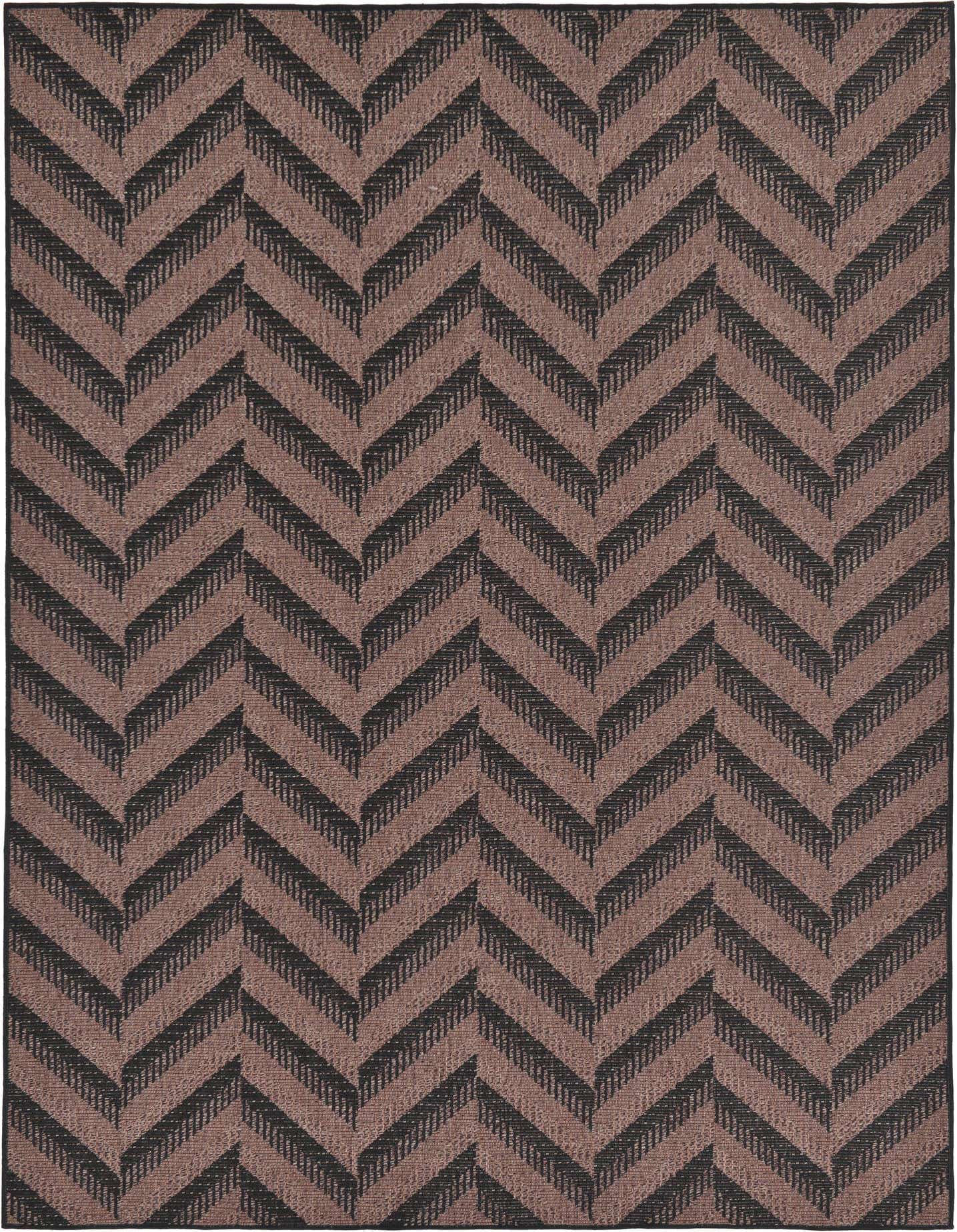 A 7x10 rectangular indoor/outdoor rug featuring a modern chevron pattern in shades of brown and tan, ideal for a patio or living room.