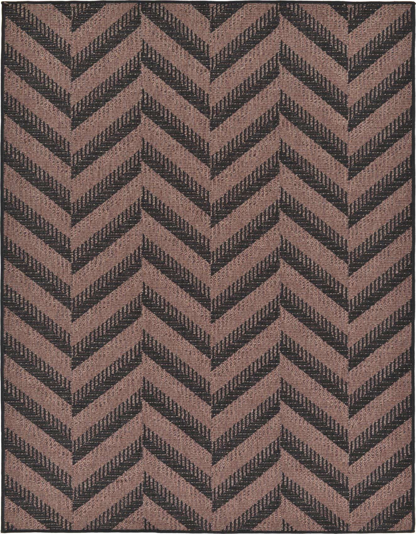 A 5x8 rectangular brown and black chevron pattern rug, suitable for indoor or outdoor use.