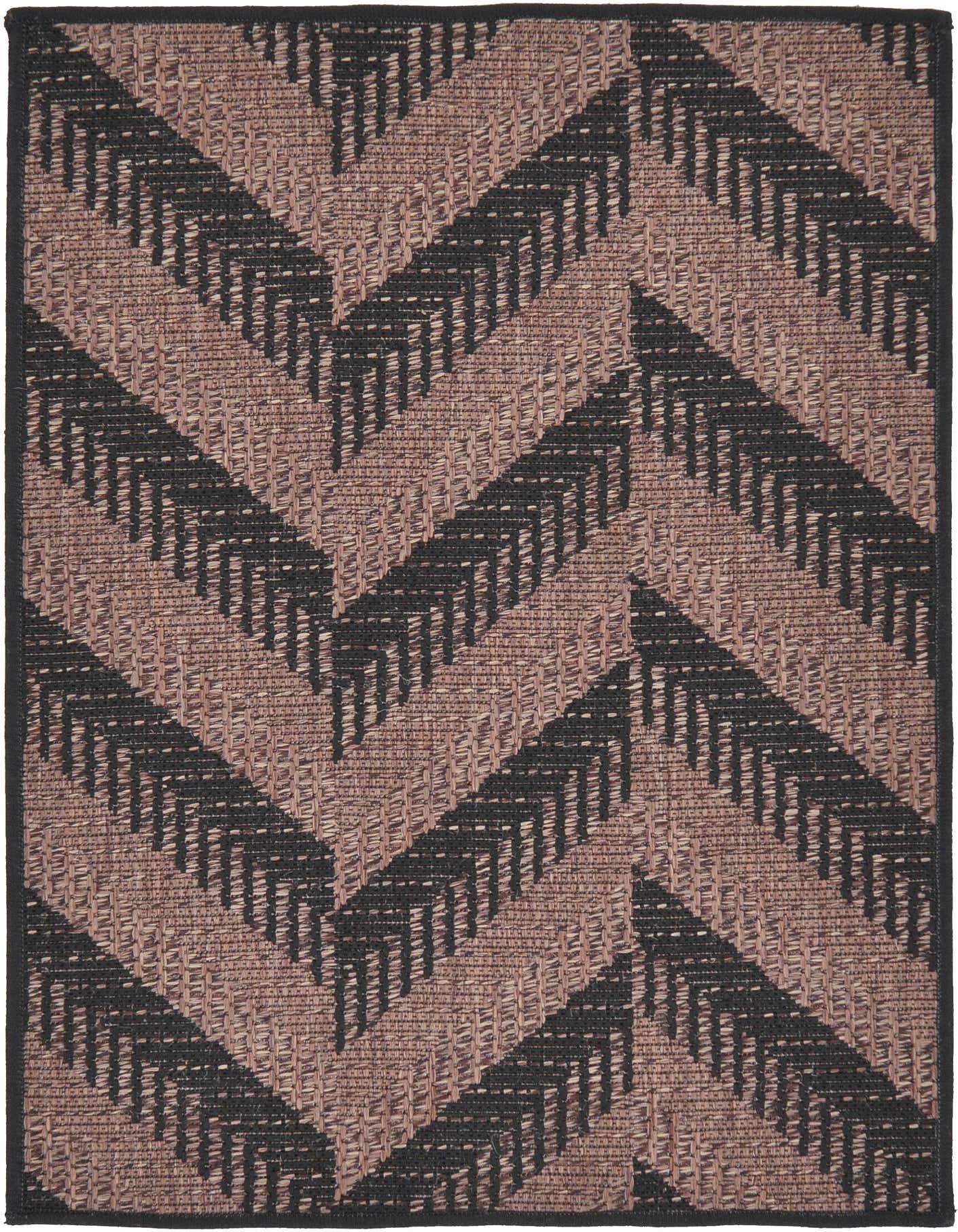 A 2x3 rectangular brown and black flatweave rug with a modern chevron stripe pattern, suitable for indoor or outdoor use.