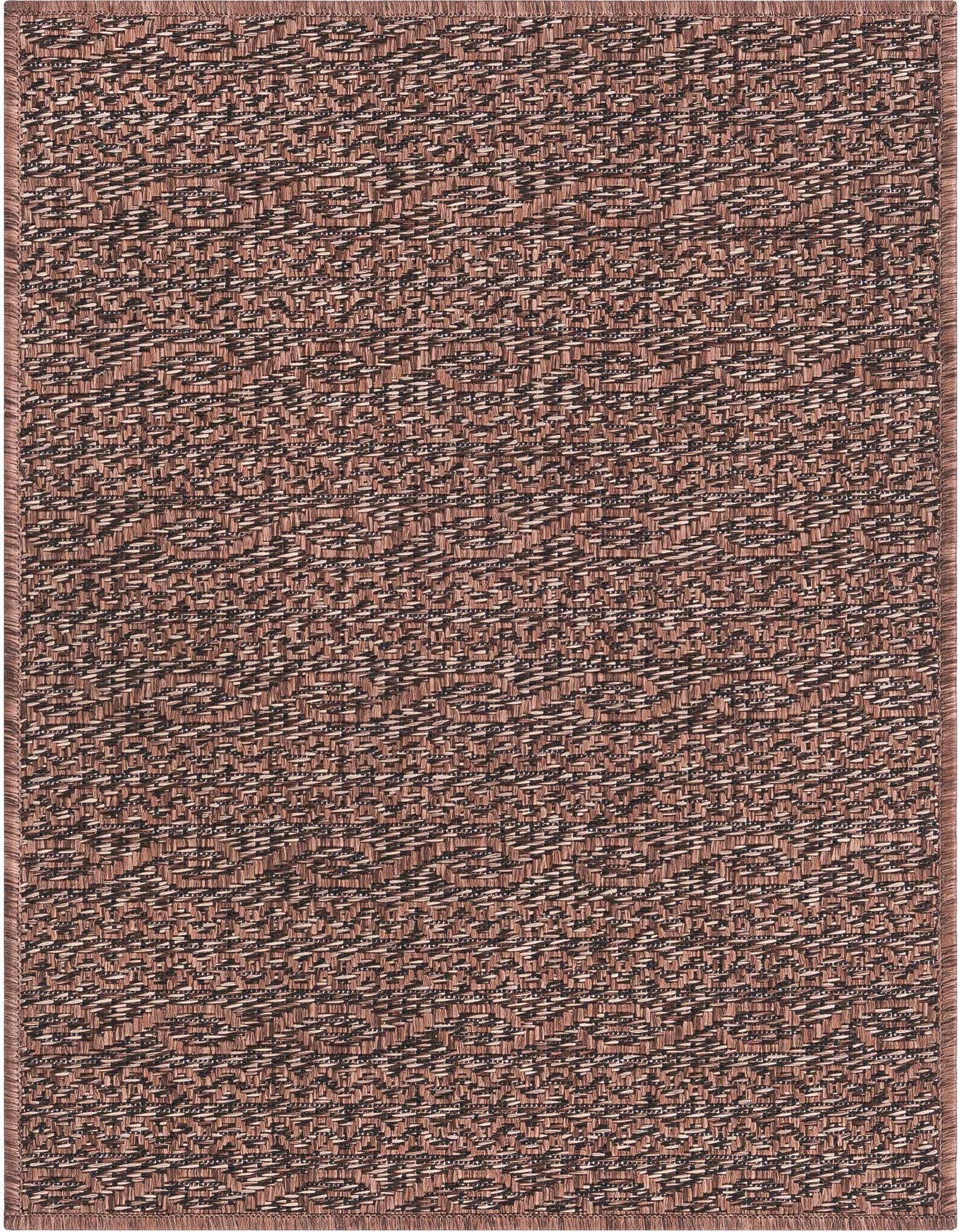 A rectangular 2x3 brown and tan textured flatweave rug with a subtle modern pattern, suitable for indoor or outdoor use.