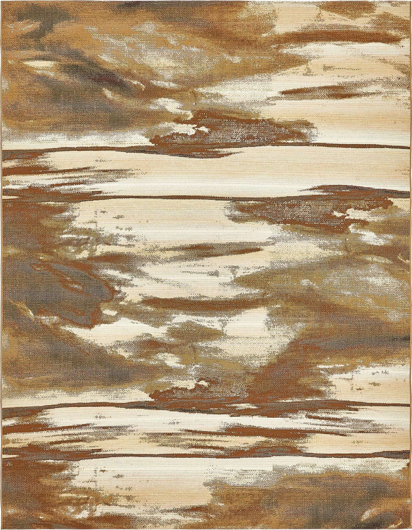 8x11 rectangular indoor/outdoor rug with an abstract pattern in varying shades of brown and tan, featuring a flatweave texture.