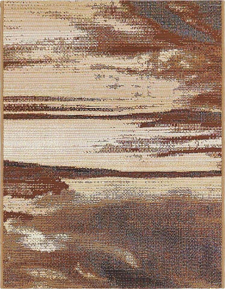 A 2x3 rectangular brown and tan abstract rug with a textured, flatweave pattern, suitable for indoor or outdoor use.