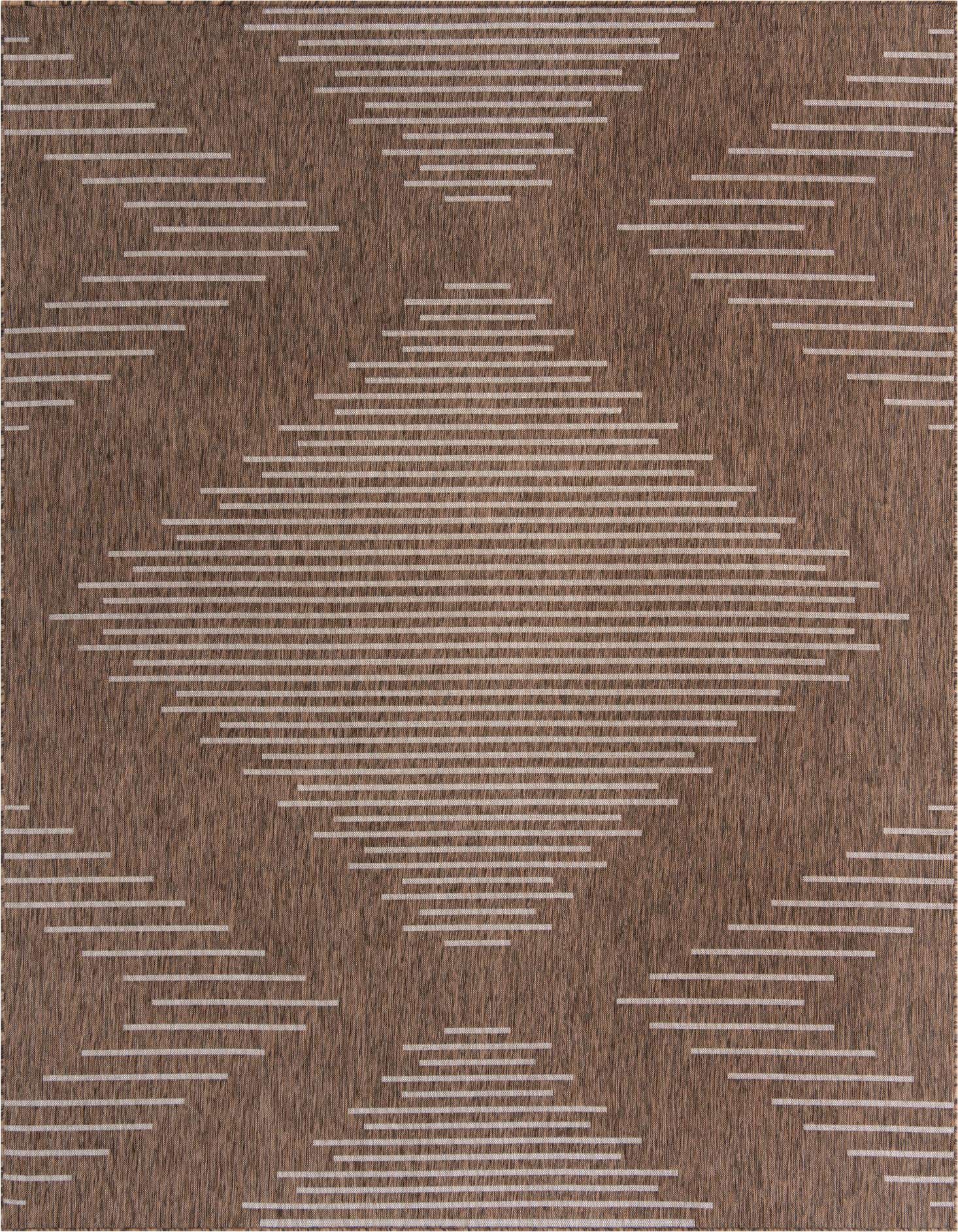 A 9x12 rectangular brown indoor/outdoor rug with a modern Southwestern pattern of horizontal tan stripes forming large diamonds.