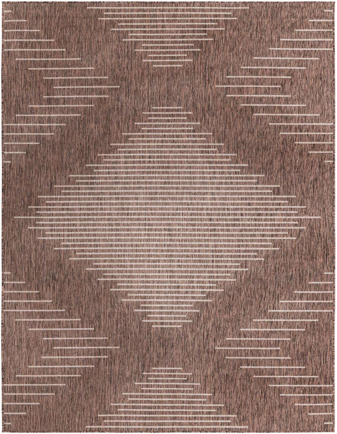 A 6x9 rectangular brown and tan indoor/outdoor rug with a modern Southwestern stripe pattern, suitable for a patio or living room.