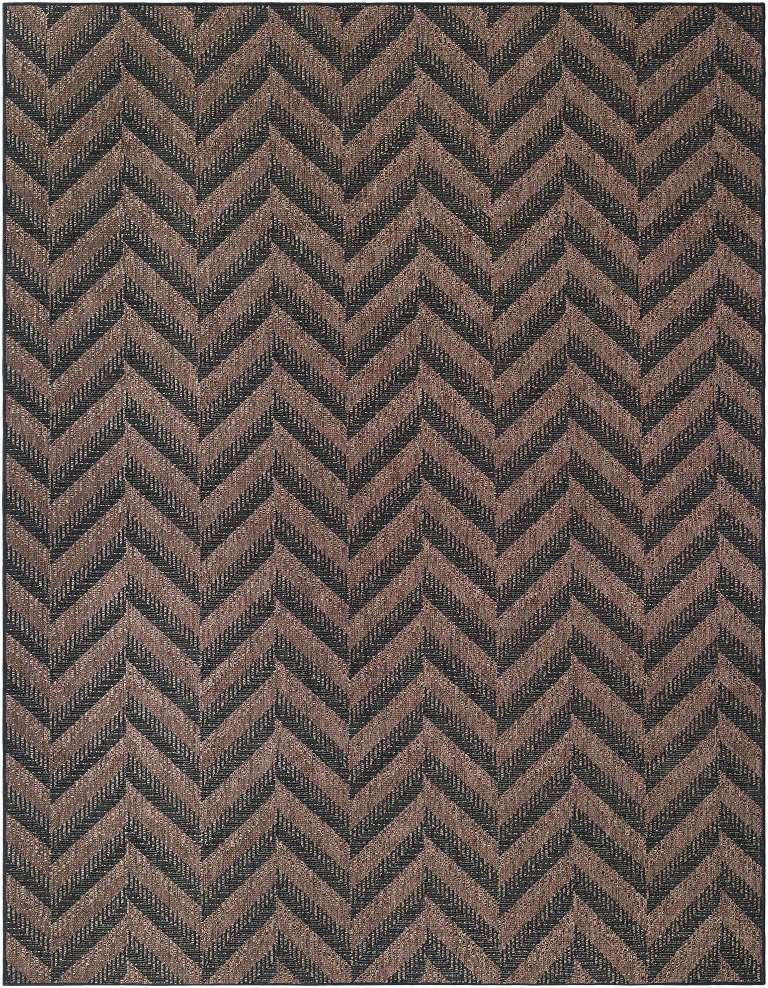 A 9x12 rectangular Rugs.com Outdoor Modern rug with a brown and black chevron stripe pattern, ideal for indoor or outdoor spaces.