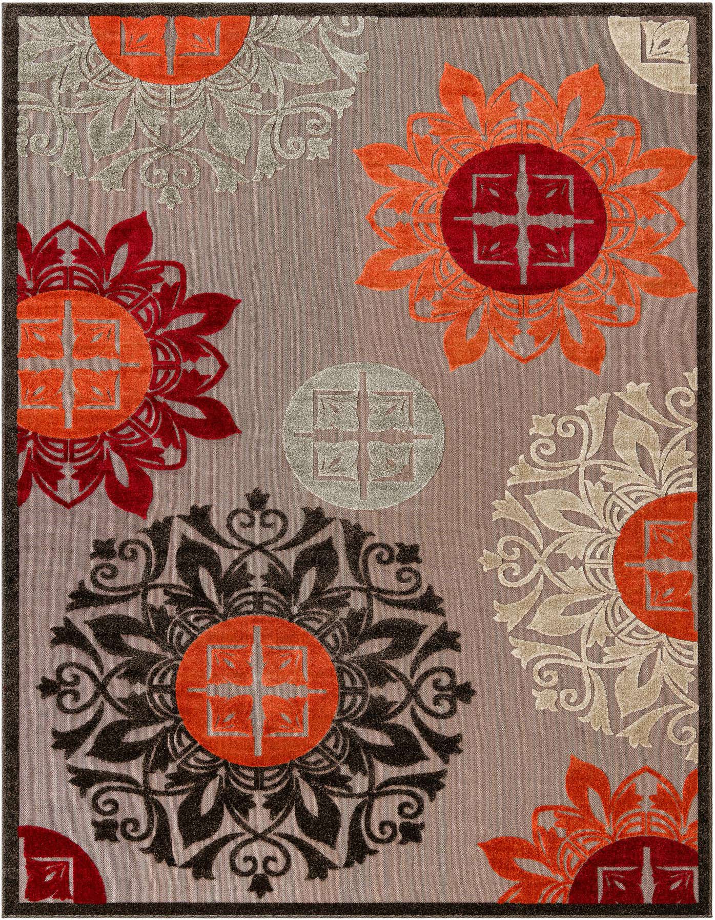 An 8x11 rectangular rug featuring large, colorful medallion and botanical patterns in shades of red, orange, black, and tan on a brown background.