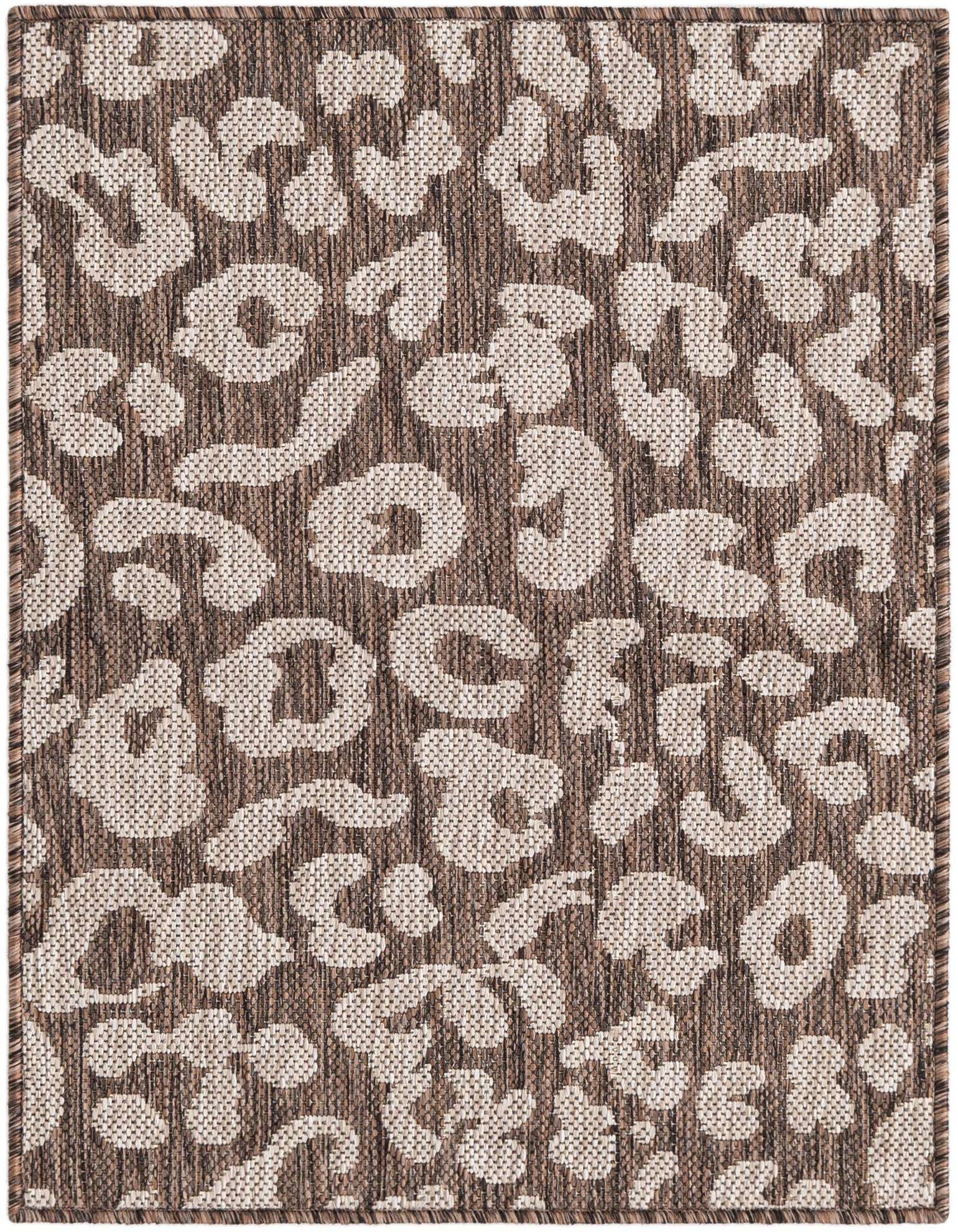 A 2x3 rectangular brown and tan modern leopard print rug, suitable for indoor or outdoor use.