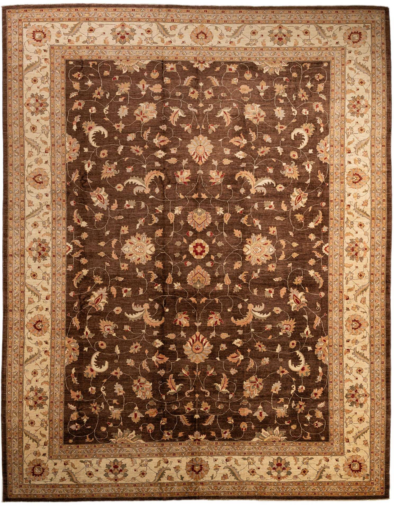 A large 13x18 rectangular brown and tan traditional Oriental rug with an intricate floral pattern and a wide decorative border.
