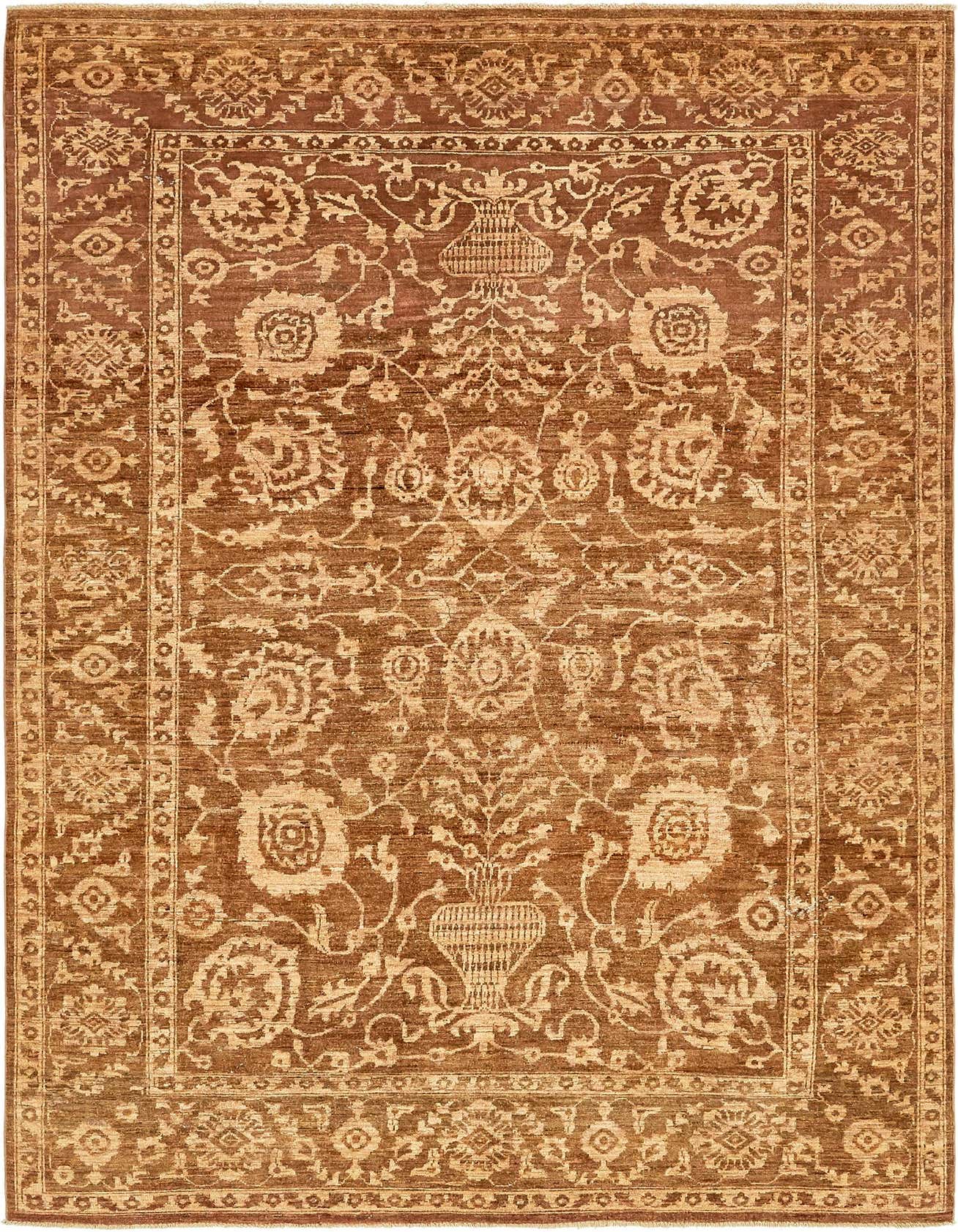 A 6x9 rectangular Peshawar Ziegler rug in warm browns and tans, featuring an intricate traditional botanical and floral pattern with a distinct border.