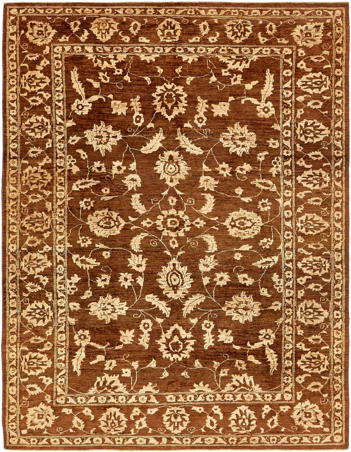 A 6x9 rectangular Peshawar Ziegler rug featuring a traditional botanical pattern in shades of brown and tan.