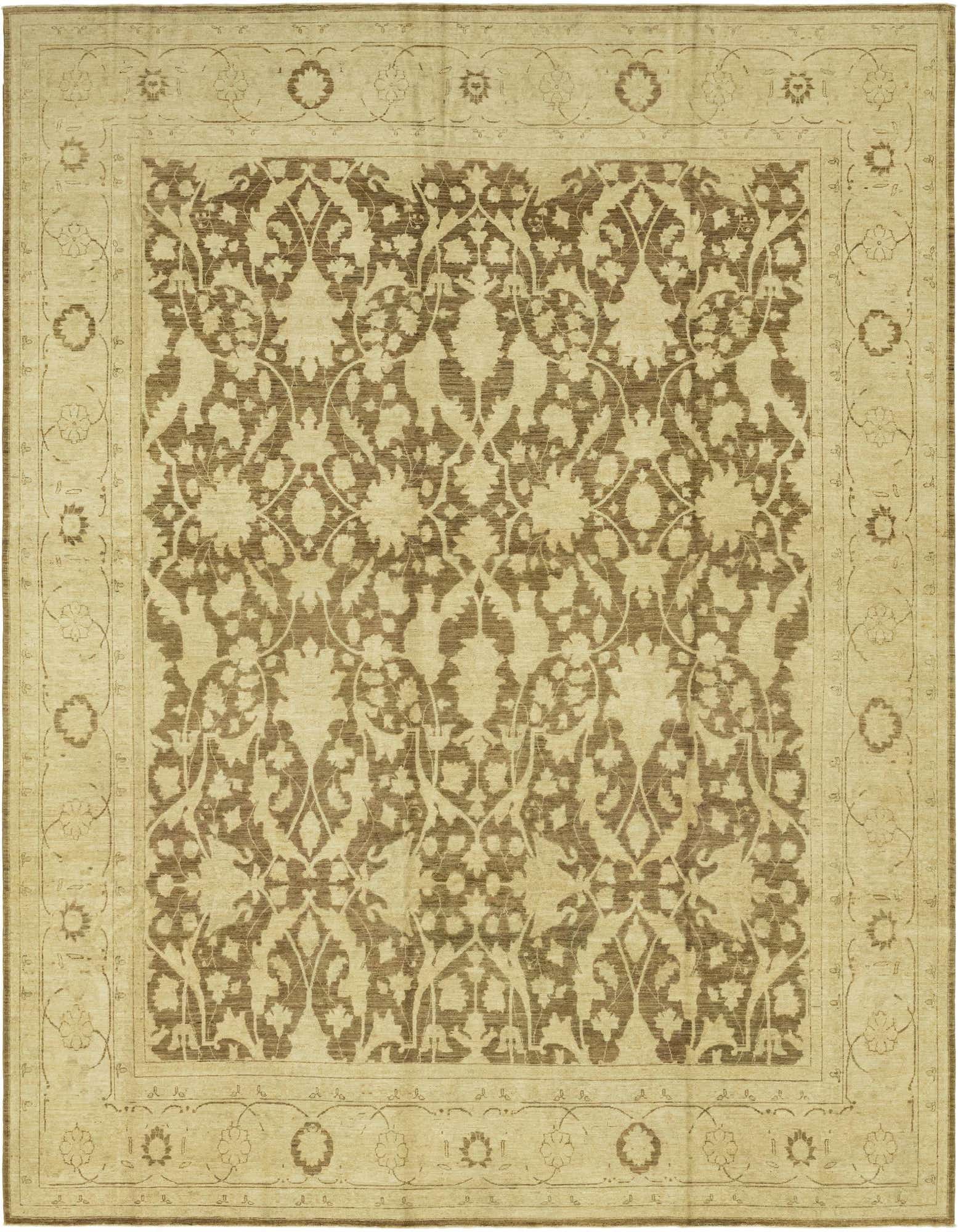 A large 12x15 rectangular Peshawar Ziegler rug in browns and tans, featuring a traditional botanical pattern with a detailed border, suitable for an indoor living space.