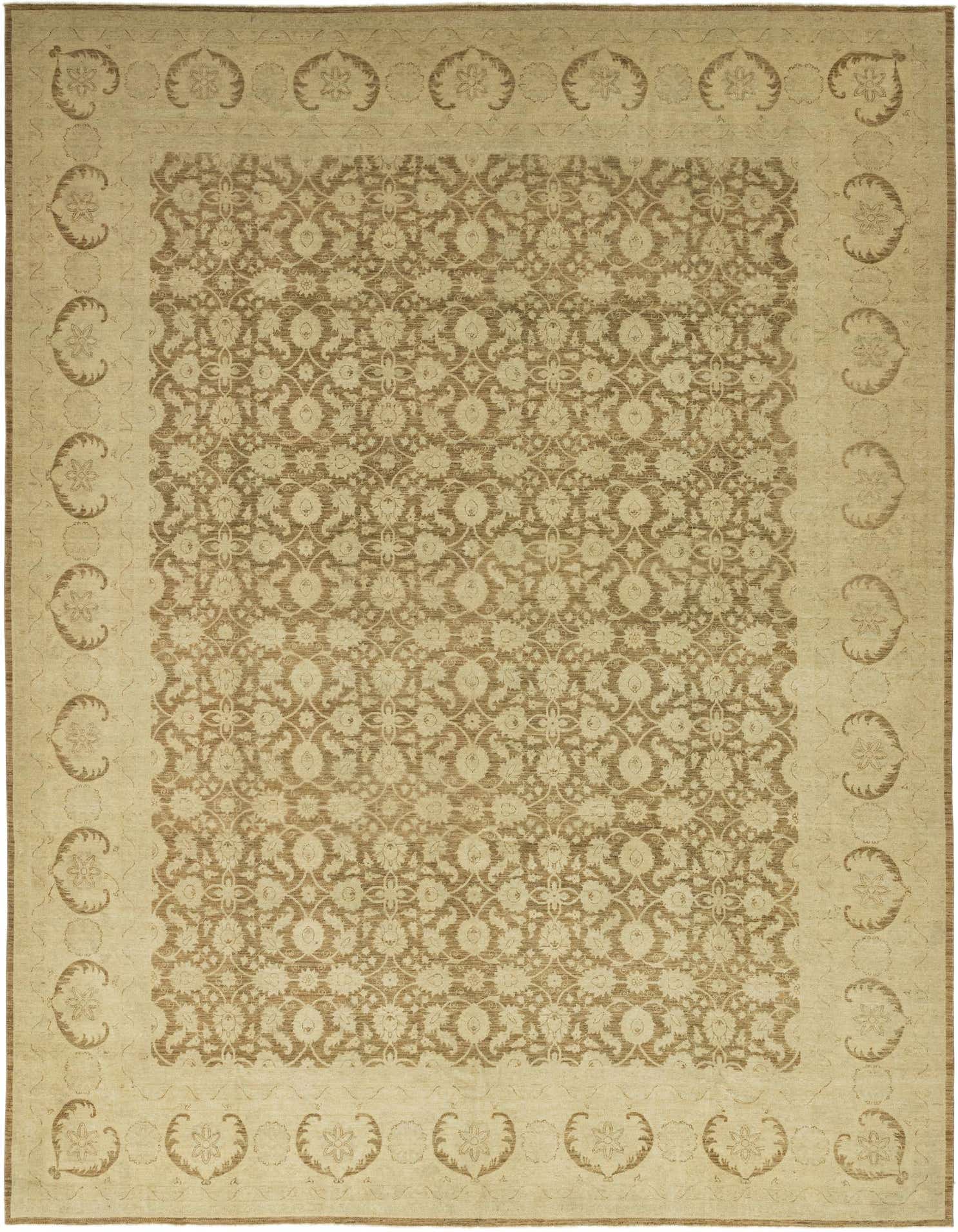 A large 13x18 rectangular brown and tan Oriental rug with an intricate floral pattern and a distinct border.