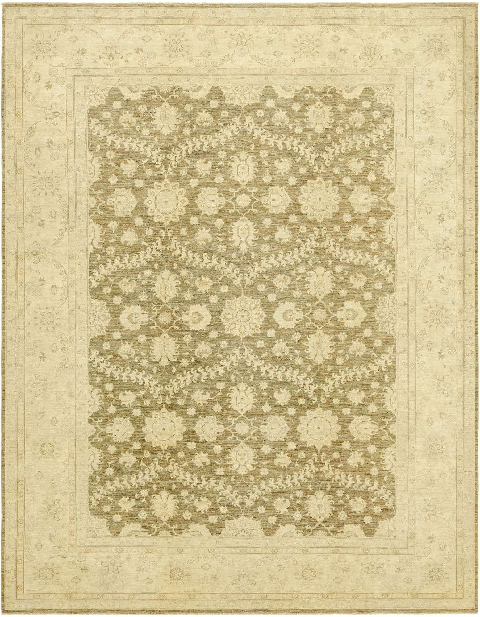 A 9x11 rectangular Peshawar Ziegler rug featuring a traditional botanical pattern in shades of brown and tan.