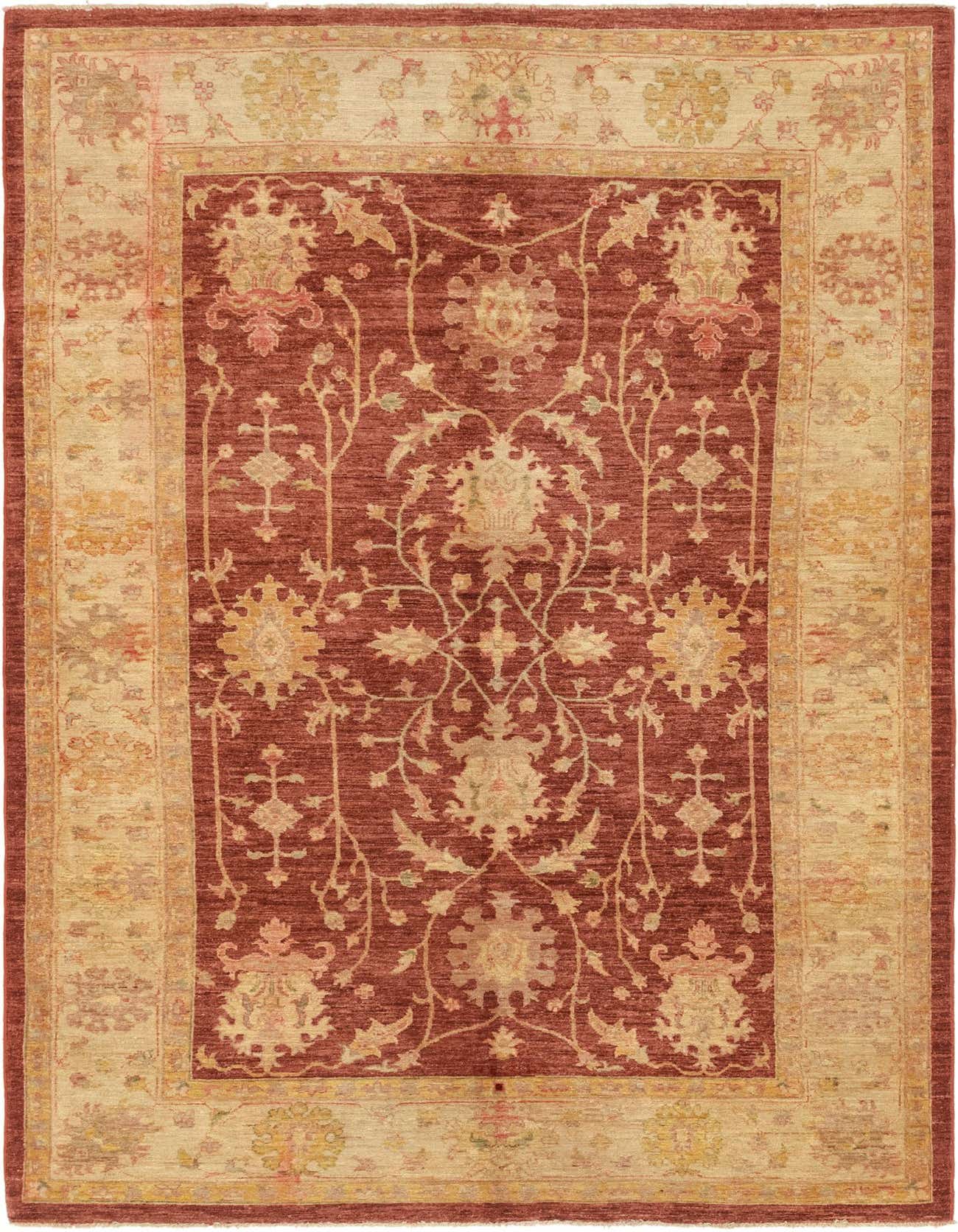 A 6x9 rectangular Peshawar Ziegler rug featuring a rich brown field with intricate botanical and floral patterns in tan and gold, framed by a wide tan border with complementary designs.