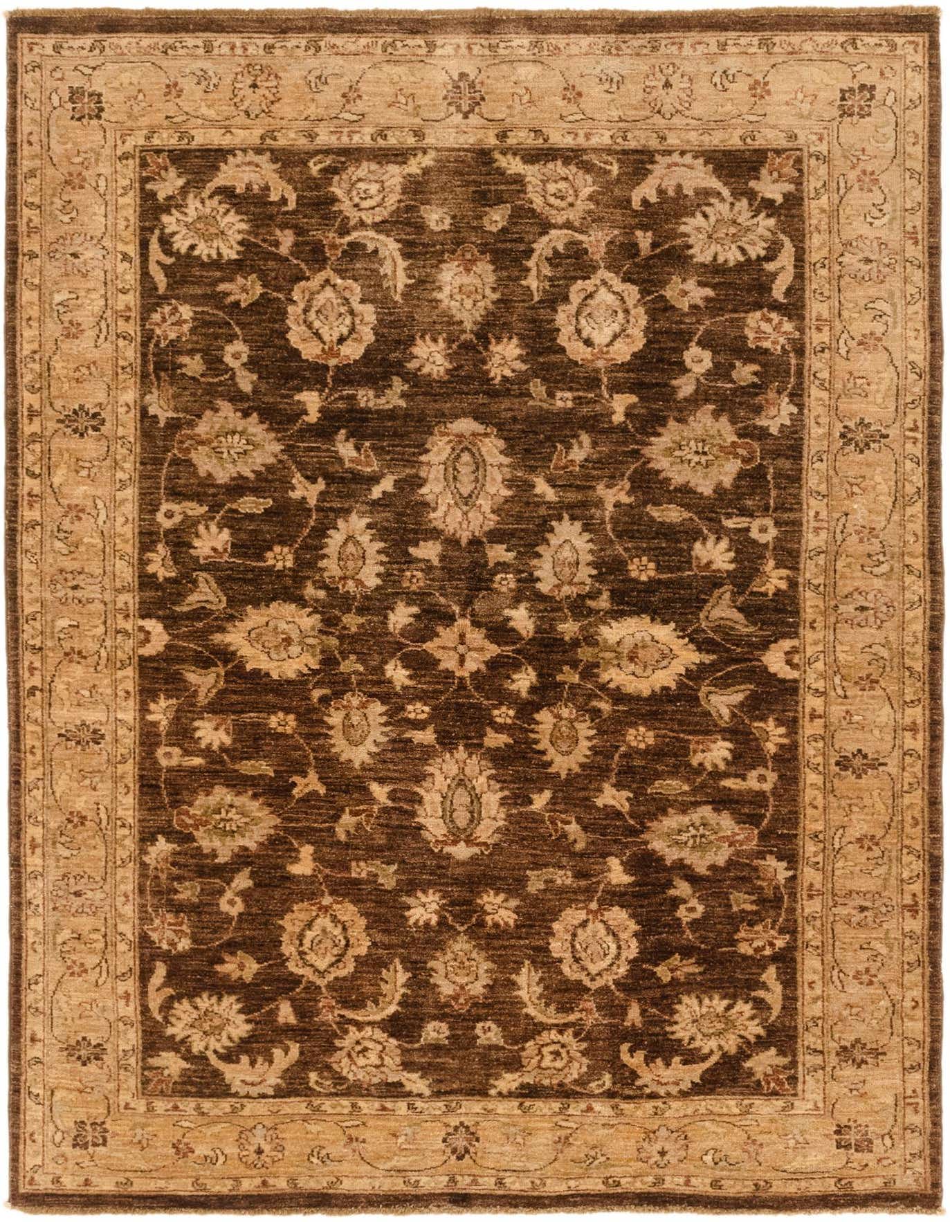 A 5x8 rectangular Peshawar Ziegler rug in rich brown with a tan border, featuring intricate traditional botanical and floral patterns.