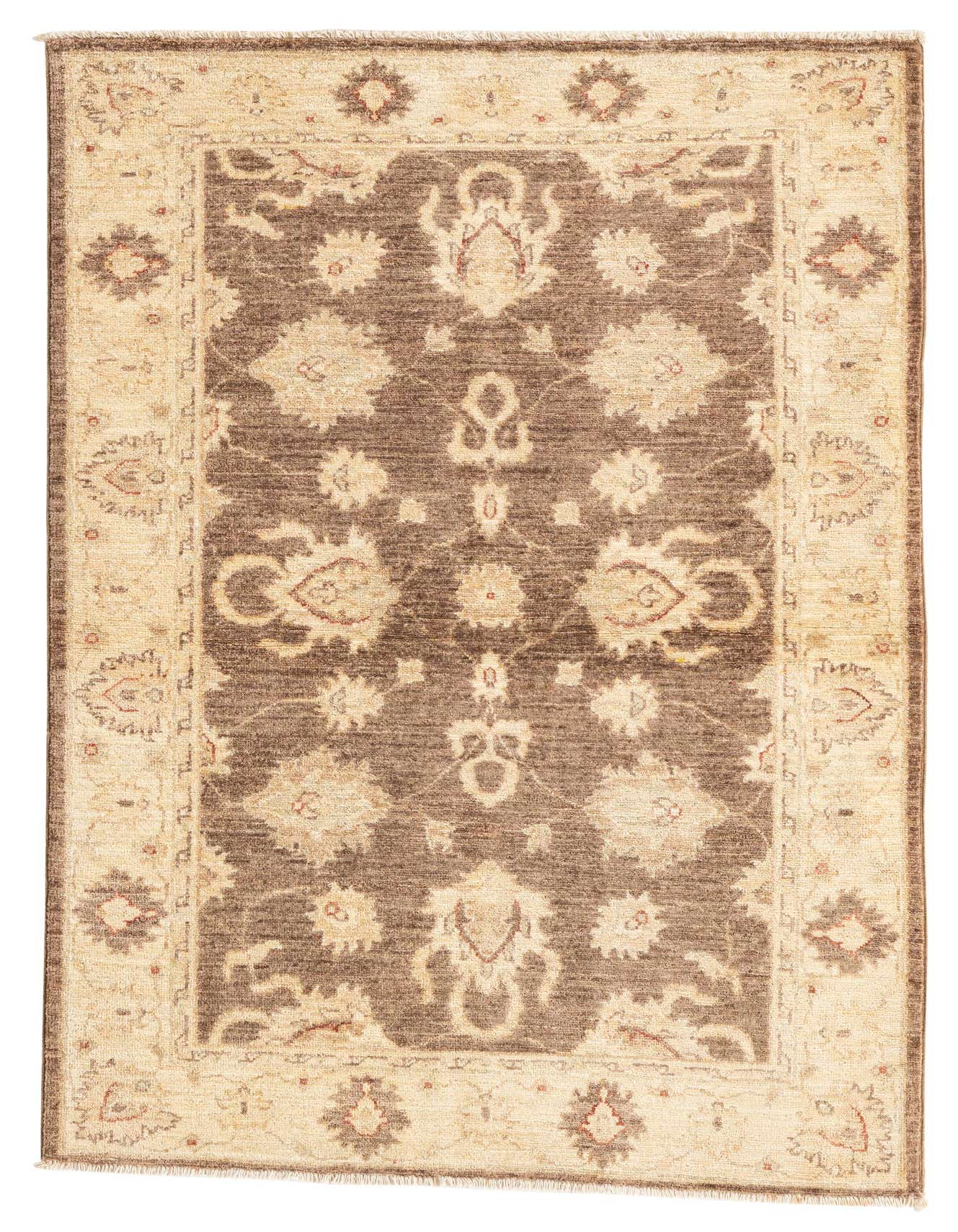 A 3x5 rectangular Peshawar Ziegler rug in browns and tans, featuring a botanical and floral pattern.