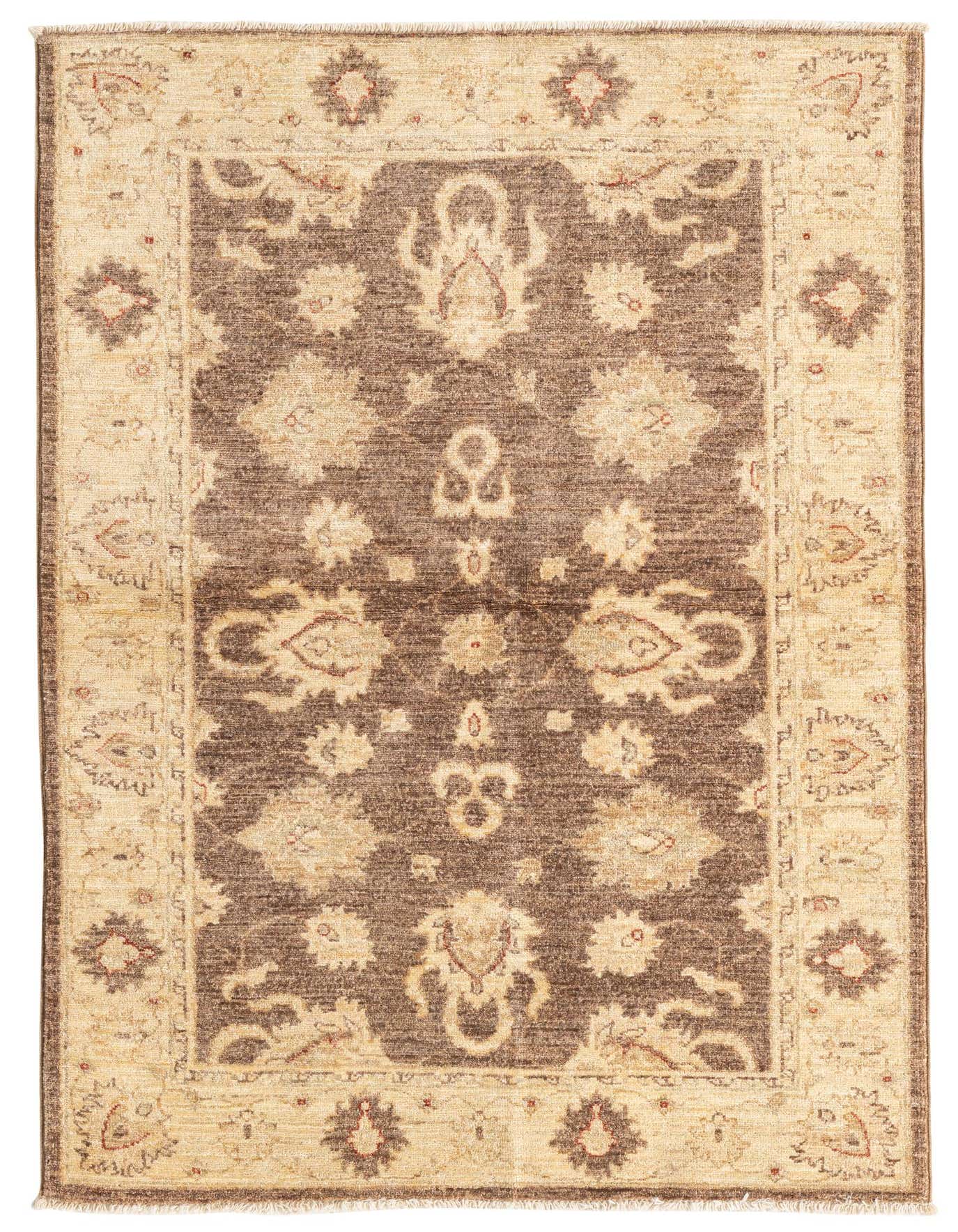 A 3x5 rectangular Peshawar Ziegler rug with a brown field and tan botanical and floral patterns, featuring a tan border with intricate designs.