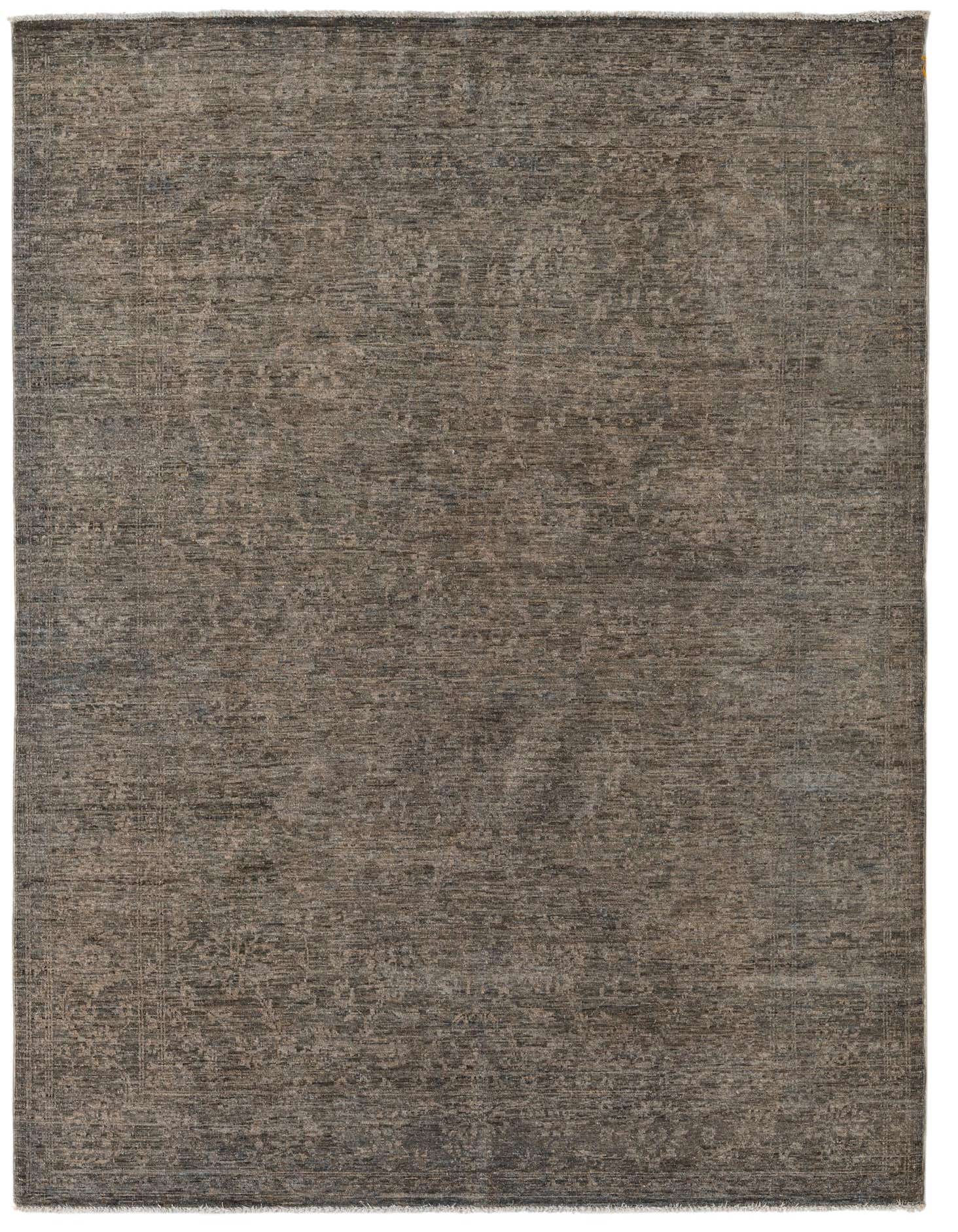 A 5x8 rectangular Peshawar Ziegler rug in varying shades of brown and tan, featuring a subtle modern oriental pattern.