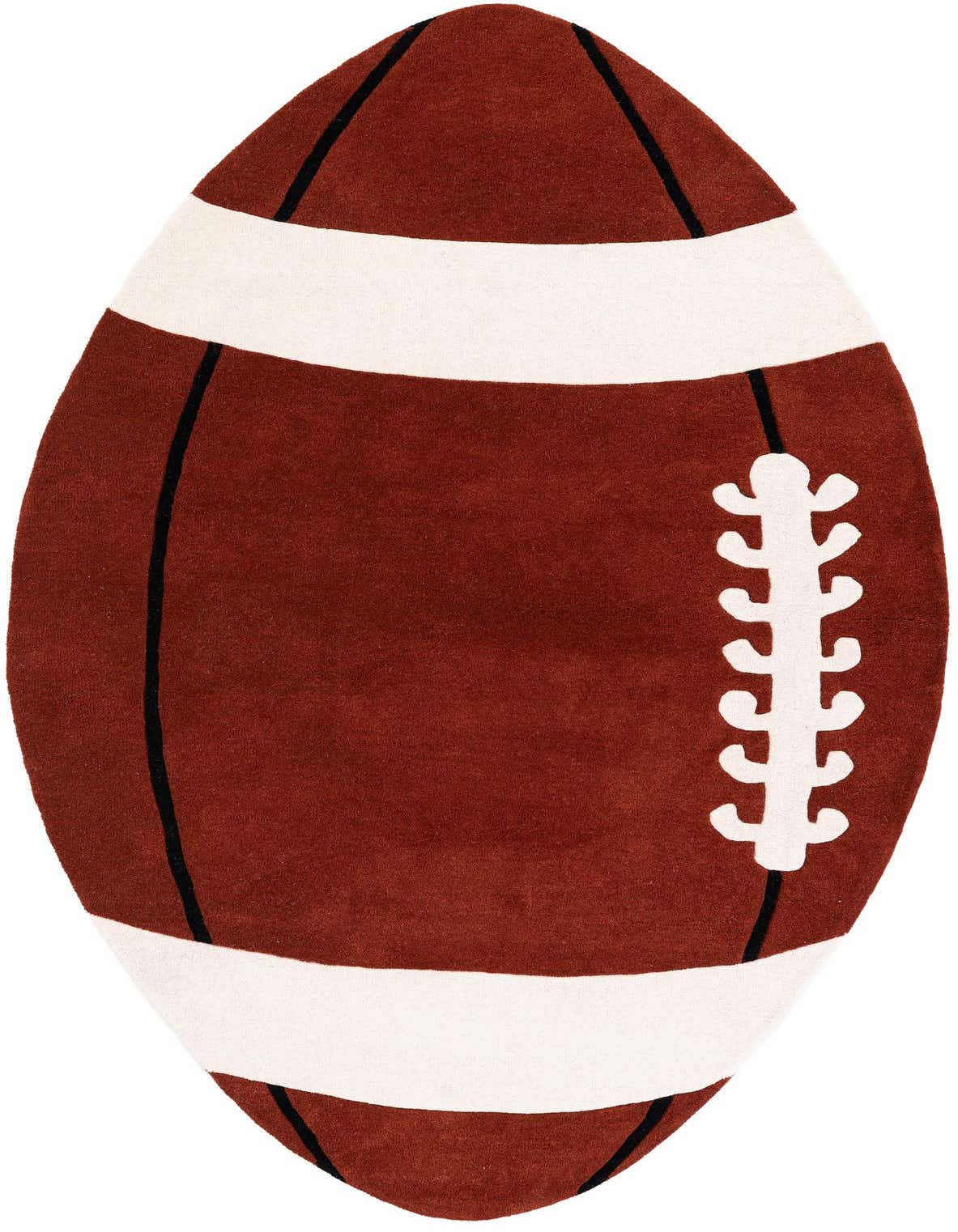 A brown and white football-shaped rug with black laces and stripes, perfect for a child's bedroom or play area.