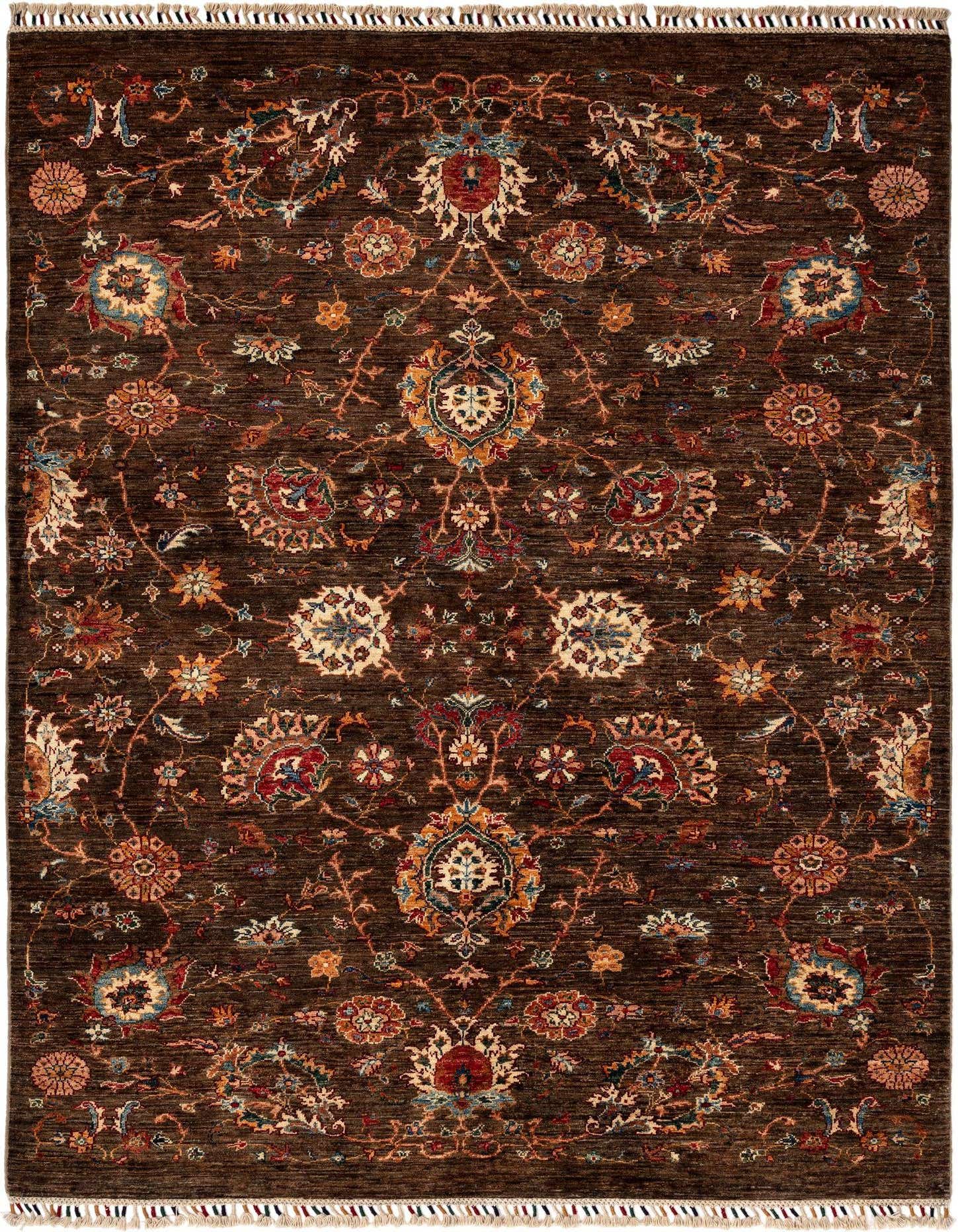 A 5x8 rectangular brown Persian wool rug with an intricate floral and medallion pattern in shades of red, blue, and gold.