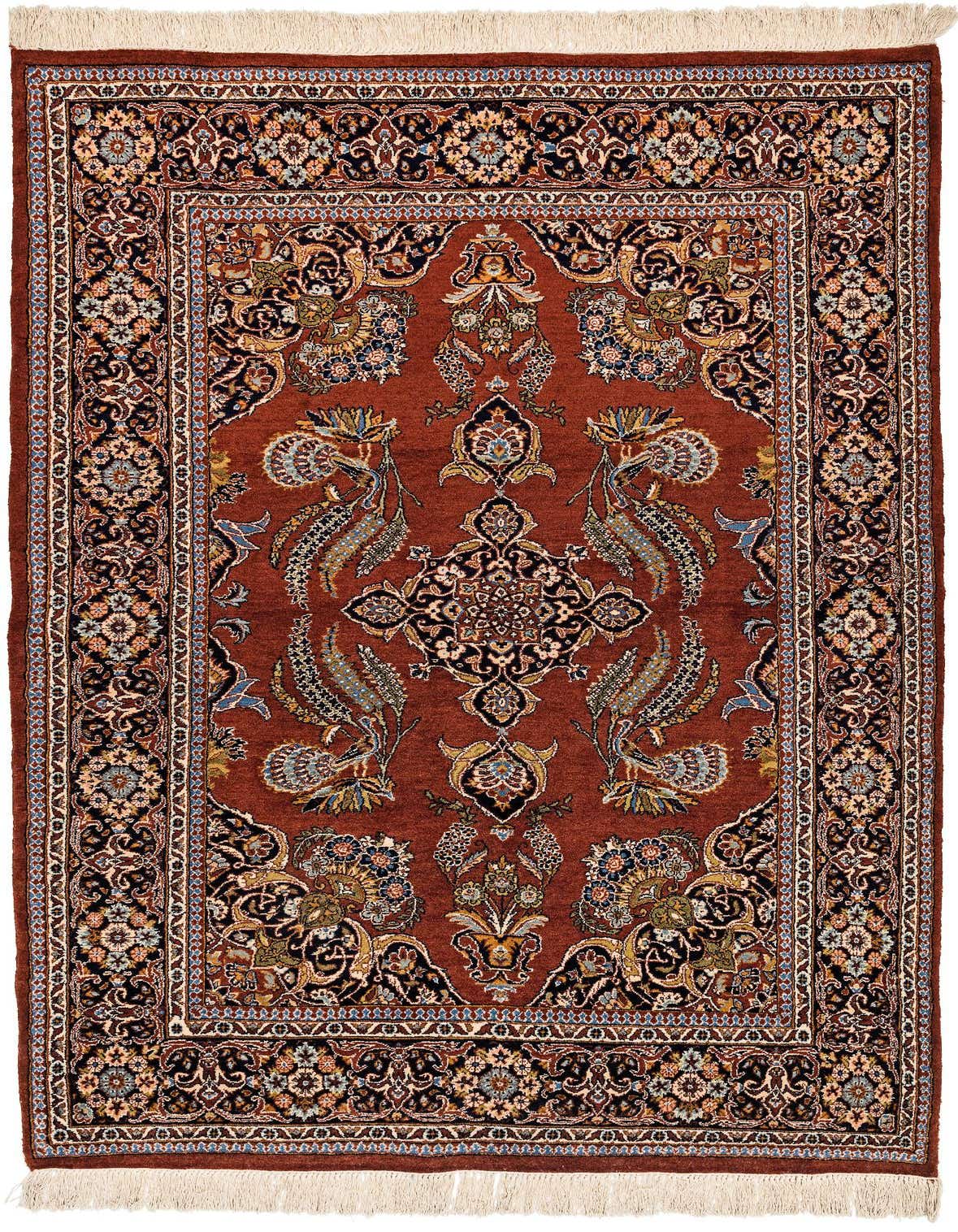 A 5x7 rectangular Sarough wool rug in rich brown with an intricate traditional Oriental medallion pattern and floral motifs.