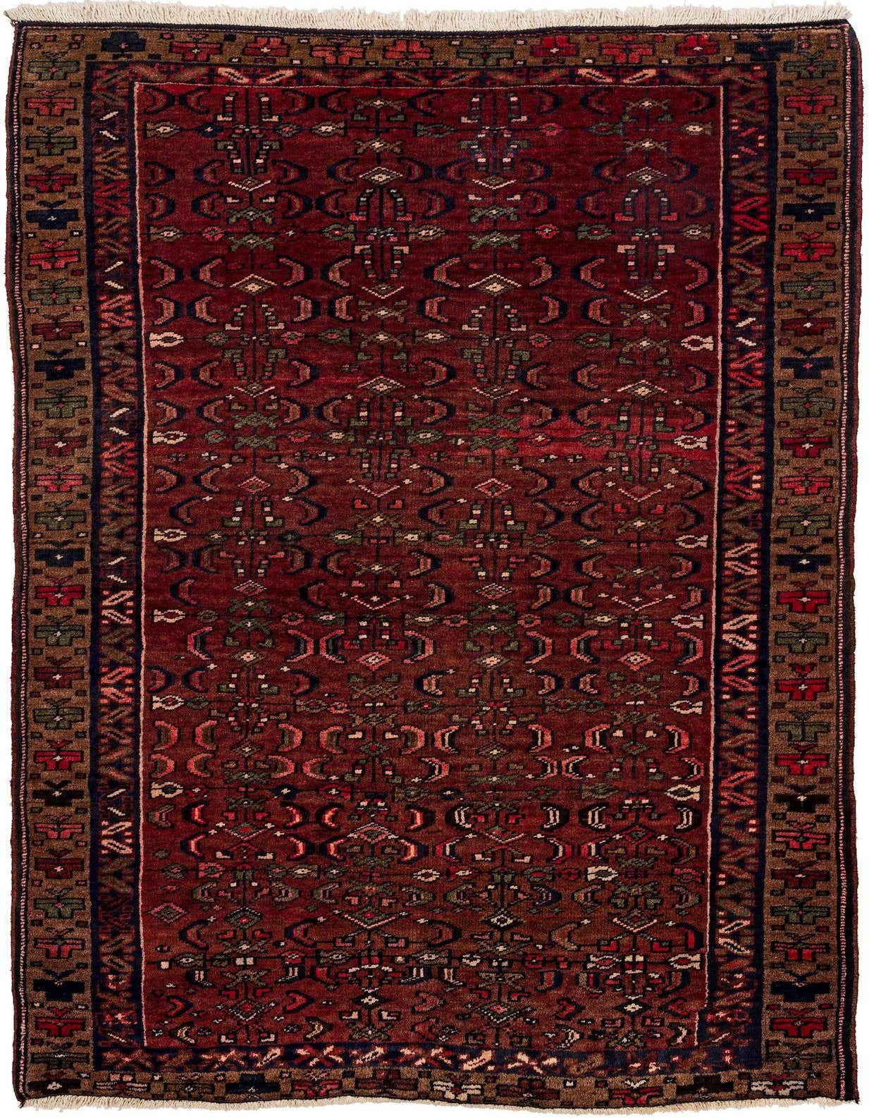 A 5x8 rectangular Saudjboulag rug featuring a rich brown and tan traditional pattern with intricate details, suitable for an indoor living space.