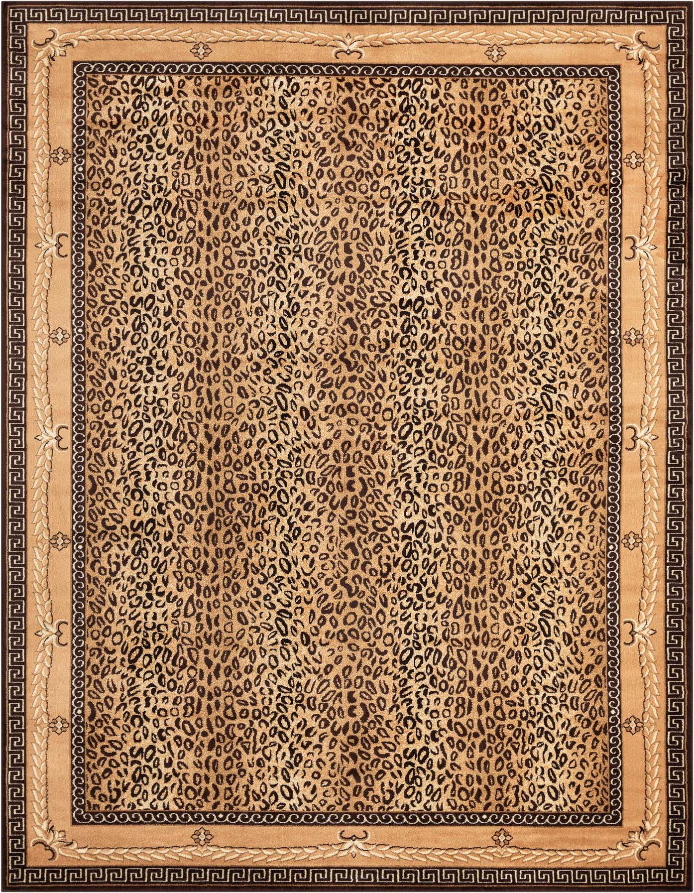 A 10x14 rectangular Rugs.com Savannah rug featuring a leopard print pattern in browns and tans, with a decorative border.