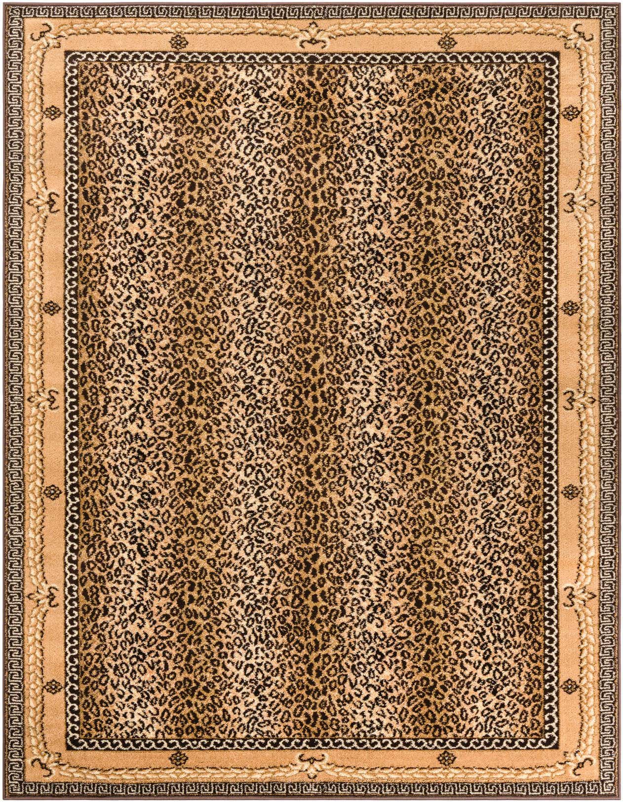 A 5x8 rectangular Savannah collection rug with a brown and tan leopard print pattern and a decorative border, suitable for a living room.