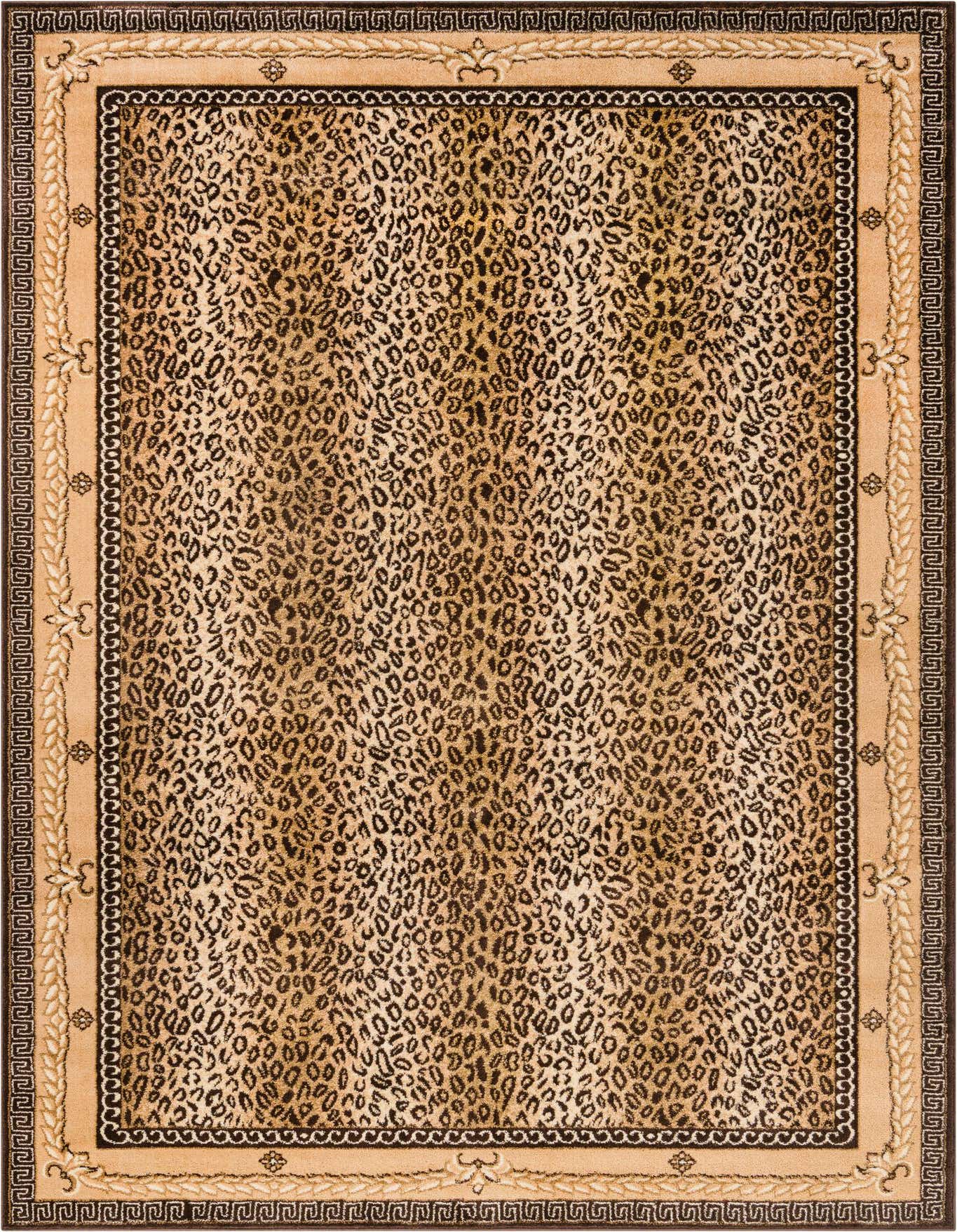 A rectangular 7x10 Savannah Collection rug featuring a vibrant leopard print pattern with a decorative border in browns and tans.