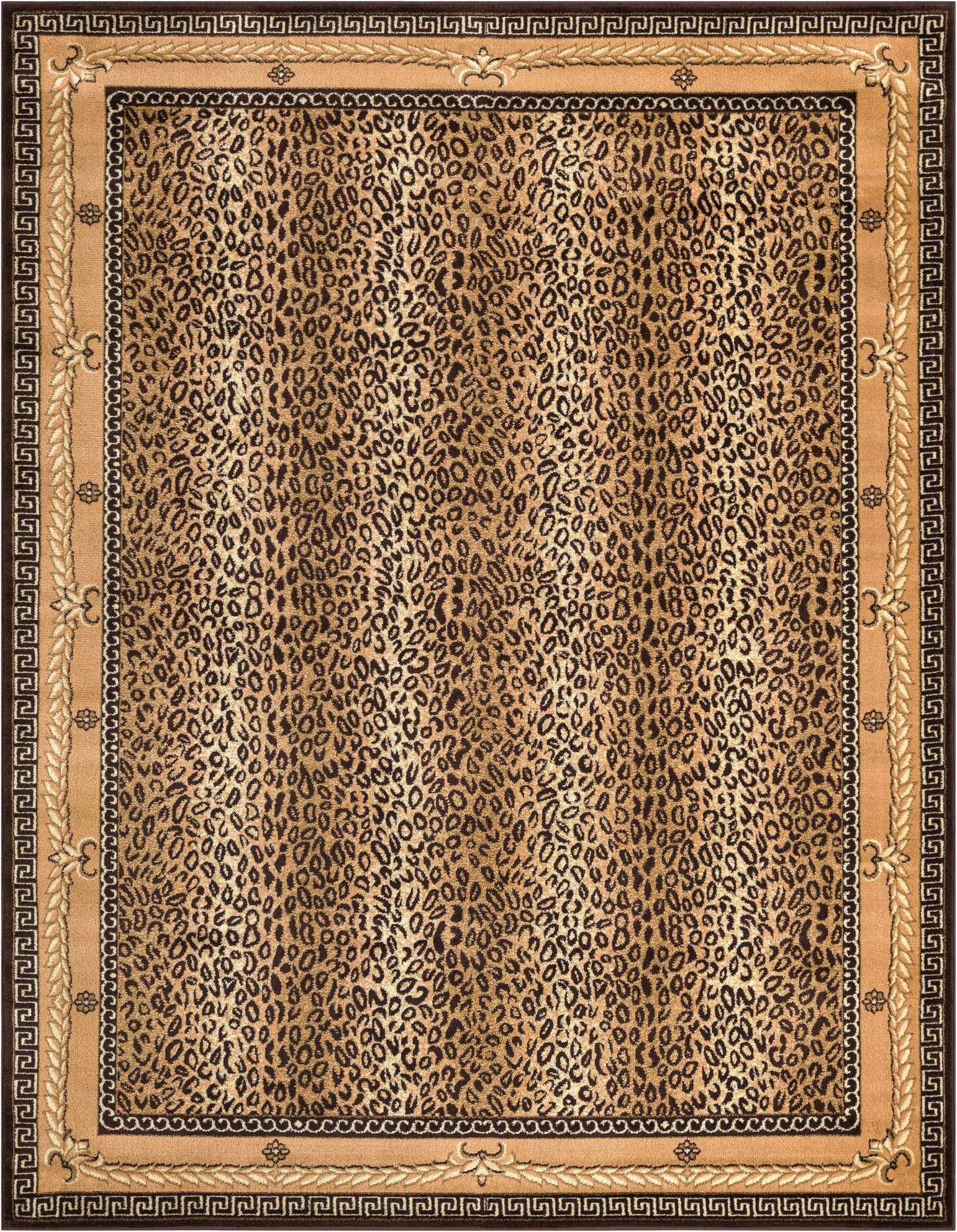 A rectangular 8x10 Rugs.com Savannah rug featuring a vibrant leopard print pattern in browns and tans, with a sophisticated Greek key and leaf border.