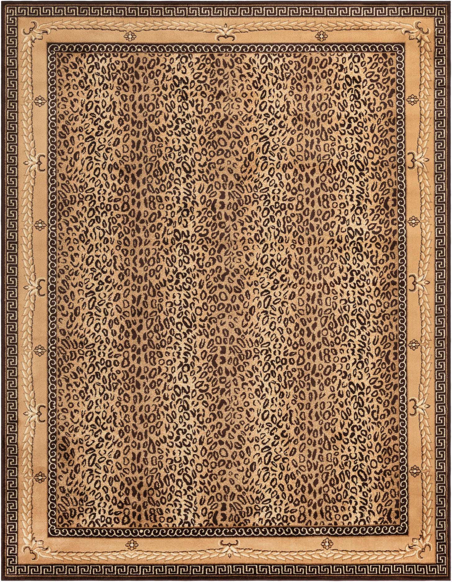 A rectangular 9x12 brown and tan leopard print area rug with a decorative border, suitable for a living room.
