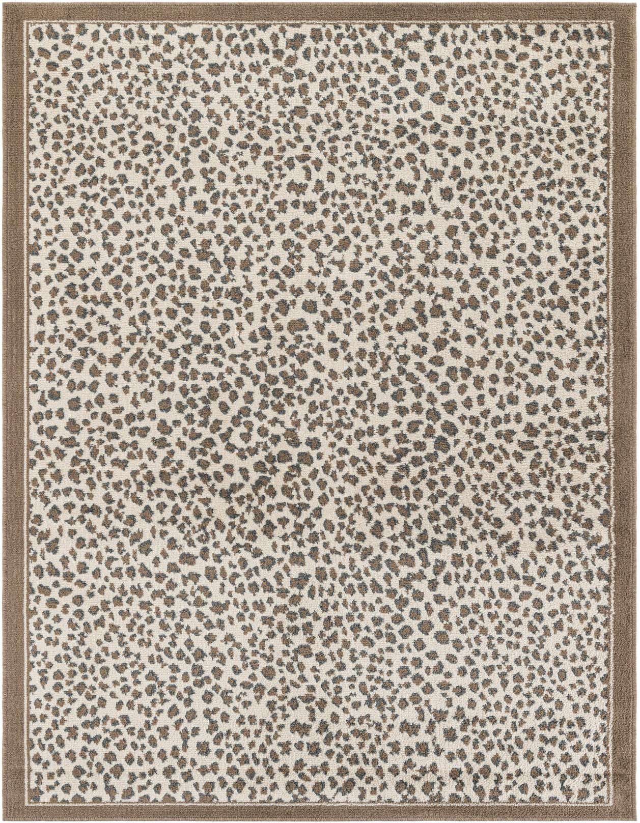 A 4x6 rectangular indoor rug featuring a modern leopard print in browns and tans with a solid brown border.