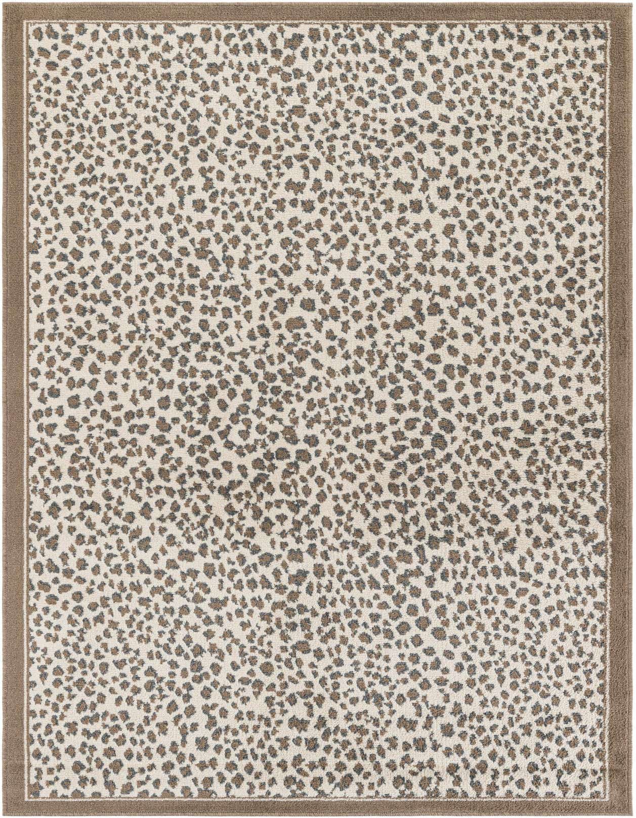 A 5x8 rectangular Savannah collection rug with a modern leopard print in browns and tans, featuring a solid brown border.