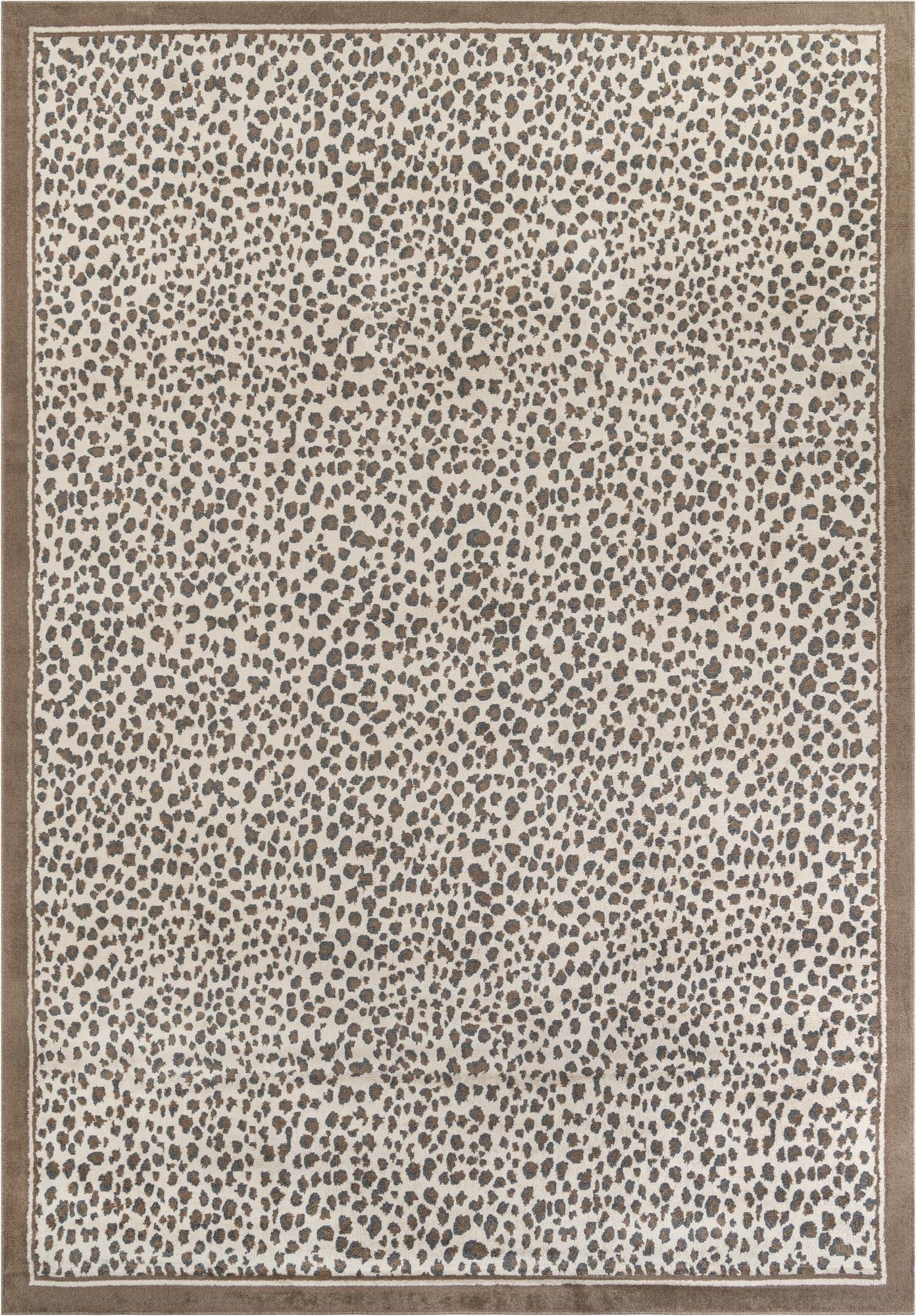A 10x14 rectangular indoor rug featuring a modern cheetah print in browns and tans with a solid brown border.